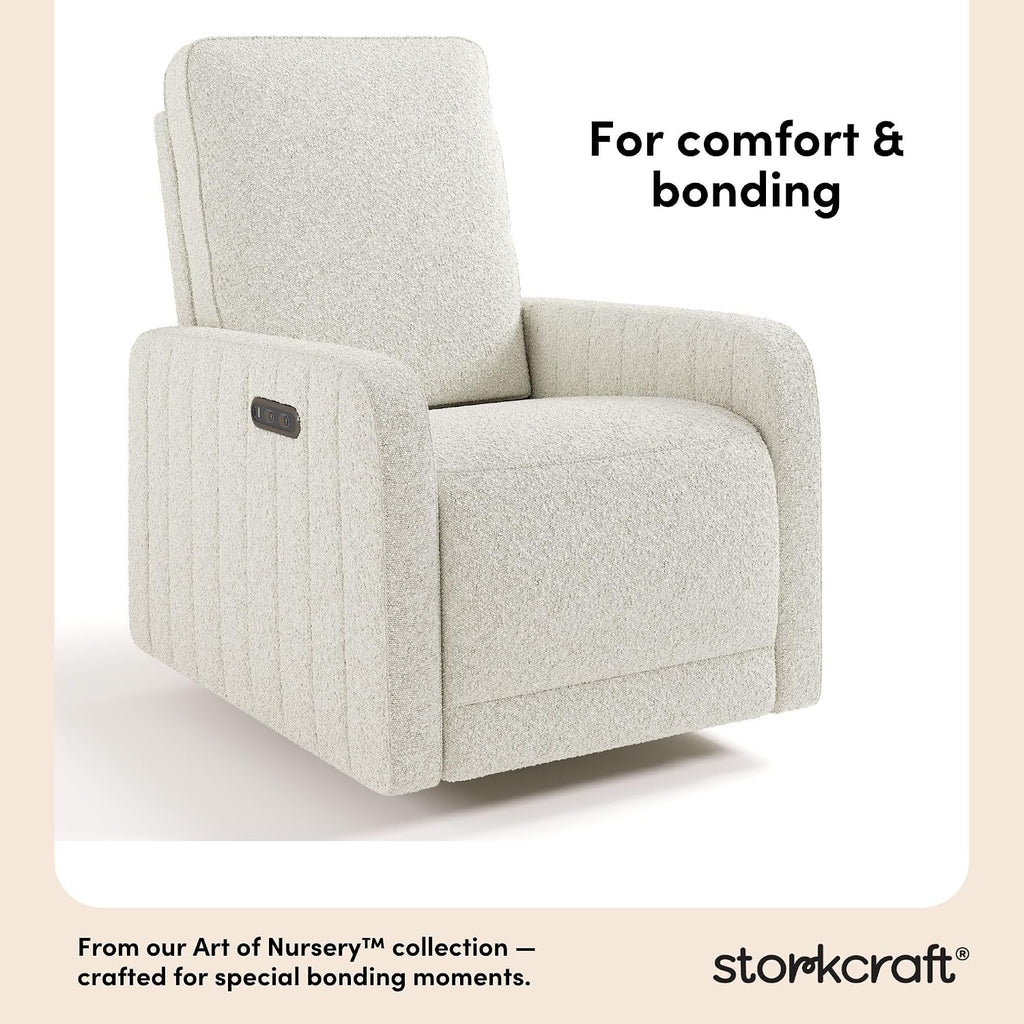 Storkcraft Kyoto Deluxe Power Recliner Swivel Glider (Ivory Boucle) – Premium Electronic Power Recliner for Nursery, Includes Dual-USB Charging Port with USB-A & USB-C, Glider Rocking Chair