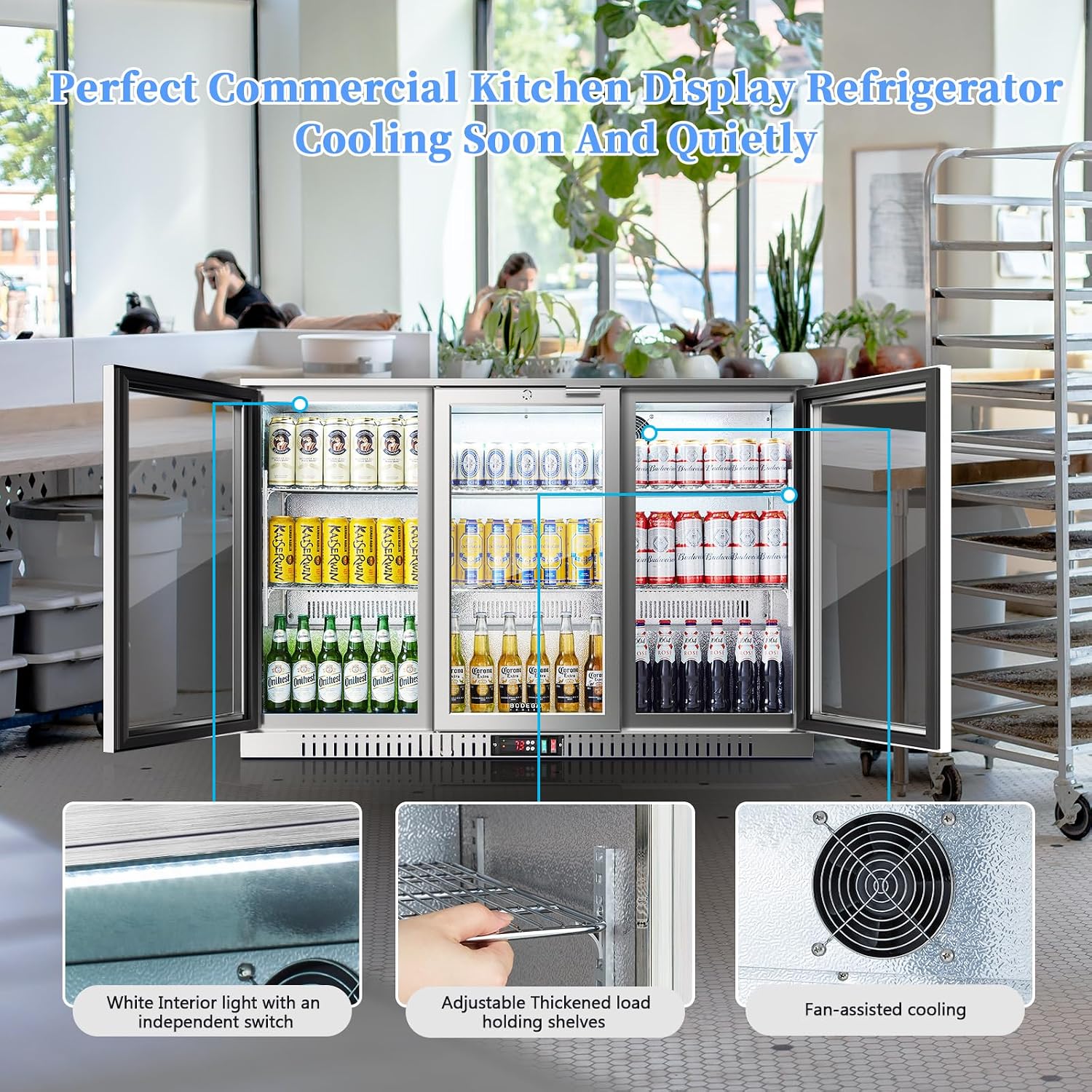BODEGA BODEGACOOLER Back Bar Cooler, 11.4 Cu.Ft Stainless Steel Commercial Bar Fridge with 3 Glass Doors,Counter Height Bar Beverage Cooler with LED Lighting for Beer,Soda Drinks,Wine