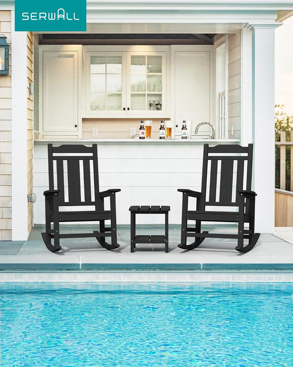 SERWALL Oversized Rocking Chair, HDPE Outdoor Rocking Chairs Set of 4, Patio Rocking Chair Sets for Adults, Black