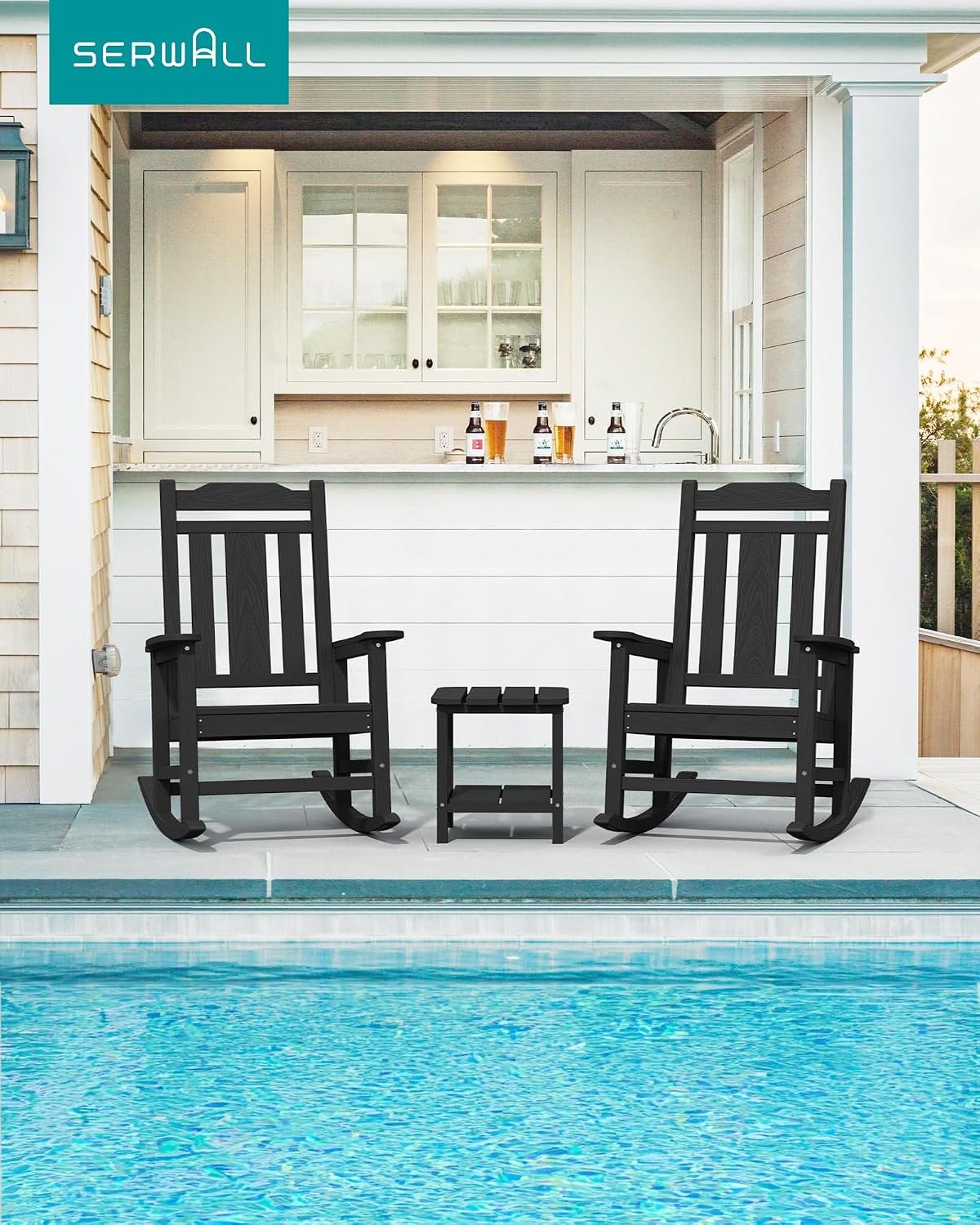 SERWALL Oversized Rocking Chair, HDPE Outdoor Rocking Chairs Set of 4, Patio Rocking Chair Sets for Adults, Black