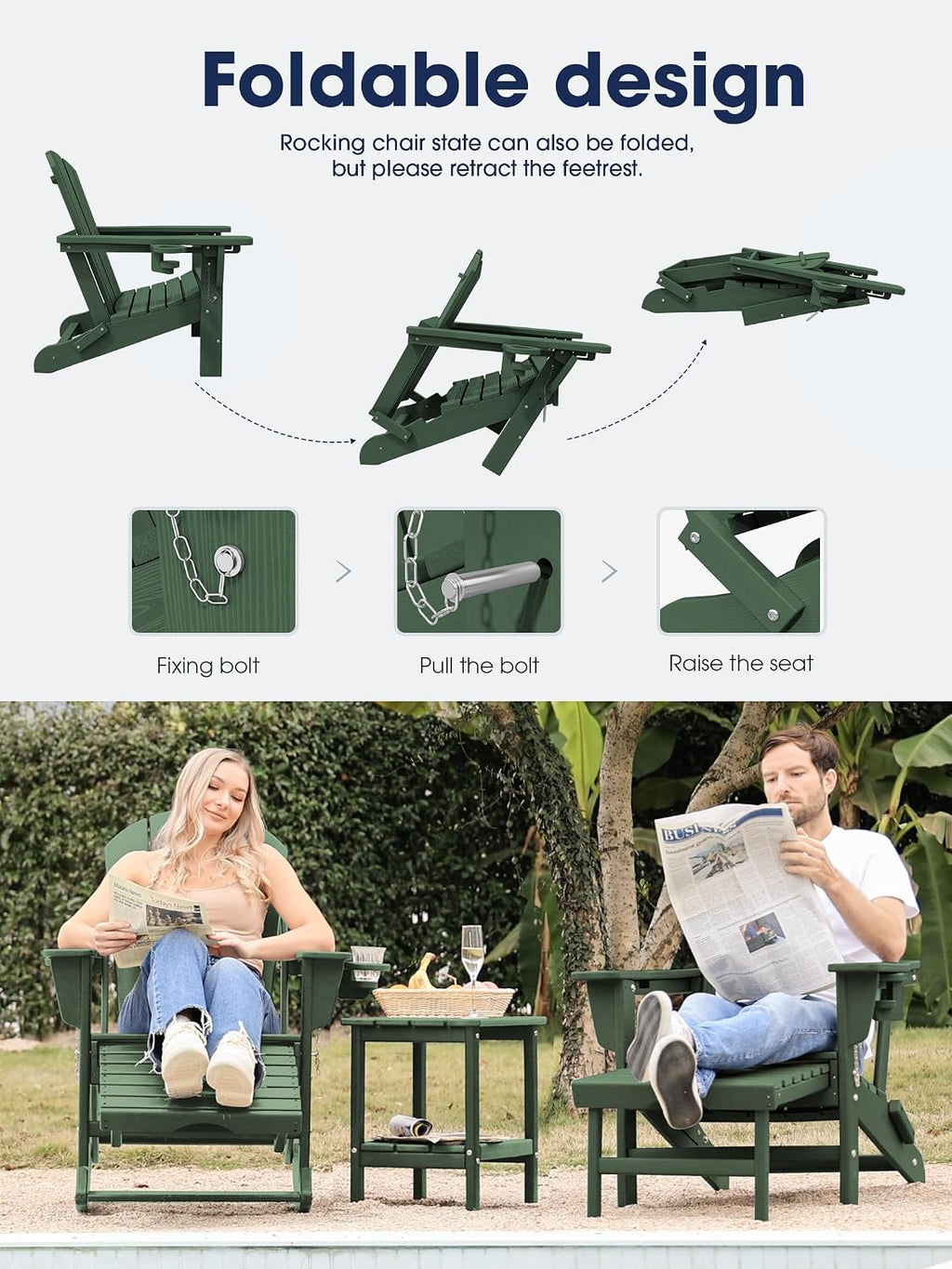 KINGYES Adirondack Rocking Chair with Retractable Ottoman and Cup Holders, HDPE Adirondack Rocker Patio Rocking Chair for Porch, Patio, Balcony, Dark Green