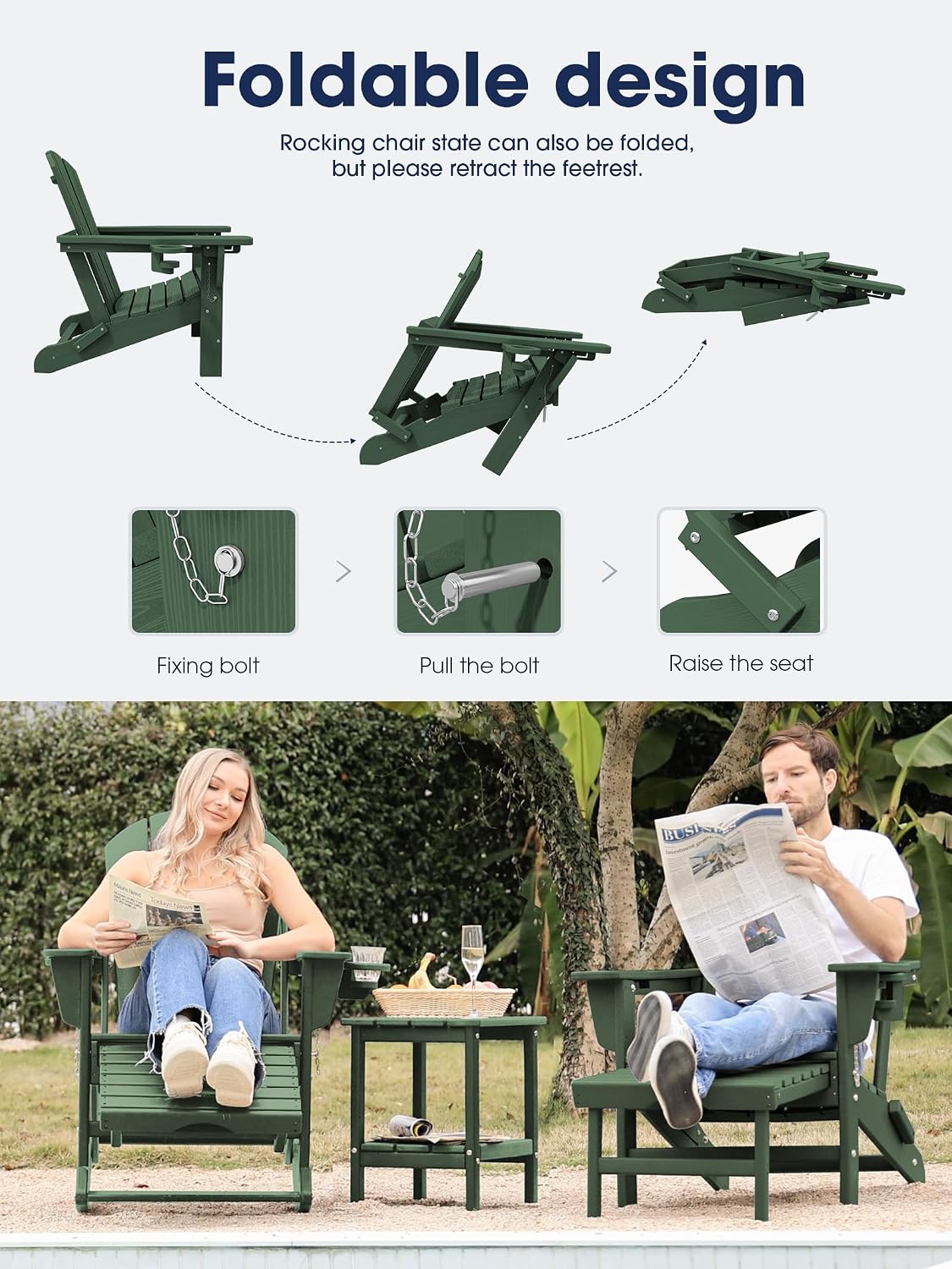 KINGYES Adirondack Rocking Chair with Retractable Ottoman and Cup Holders, HDPE Adirondack Rocker Patio Rocking Chair for Porch, Patio, Balcony, Dark Green