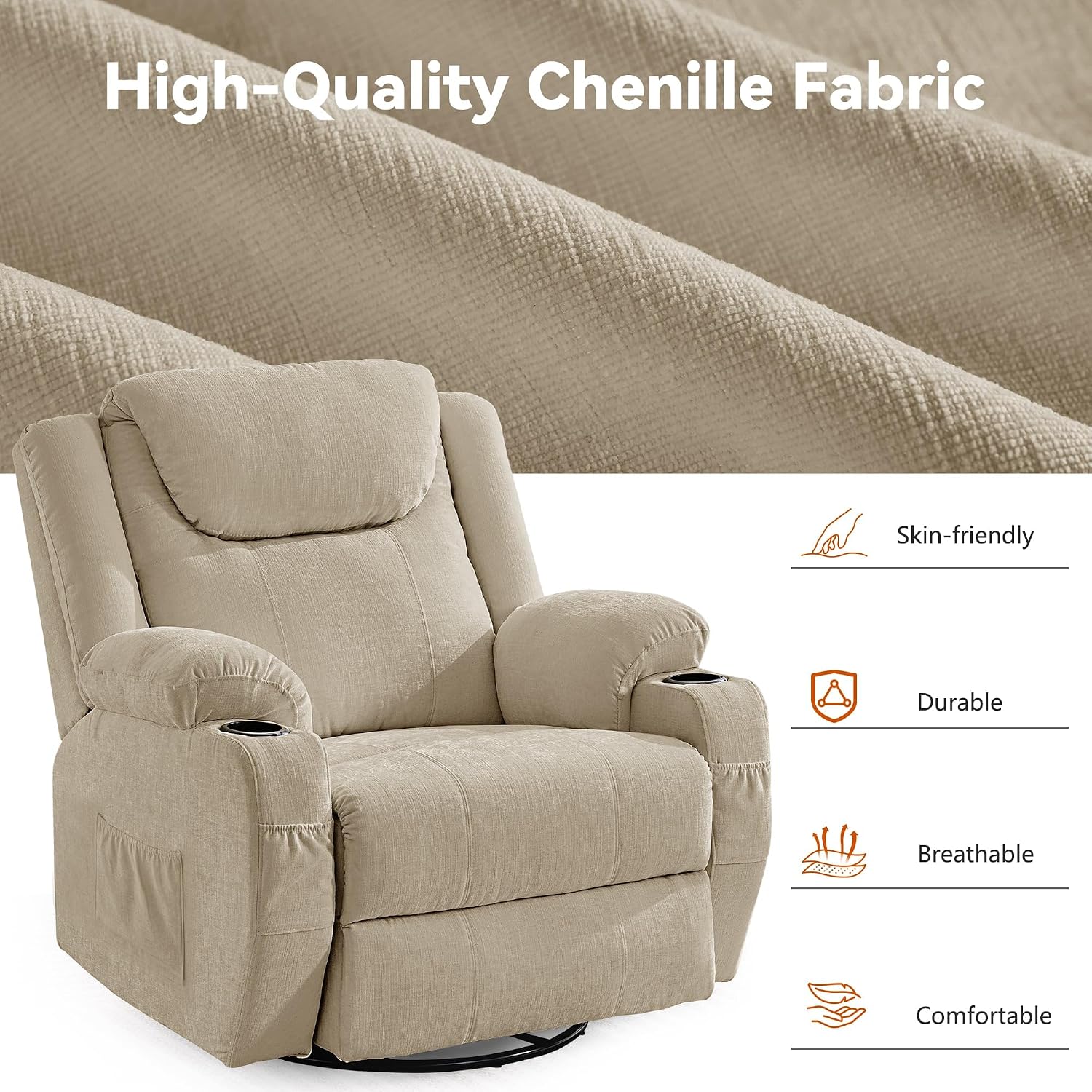 Korser Oversized Recliner Chair, 360° Swivel Recliner for Adults, Swivel Rocker Recliner Chair with Heat and Massage, Manual Recliner with Remote Control and Cup Holders for Living Room, Chenille