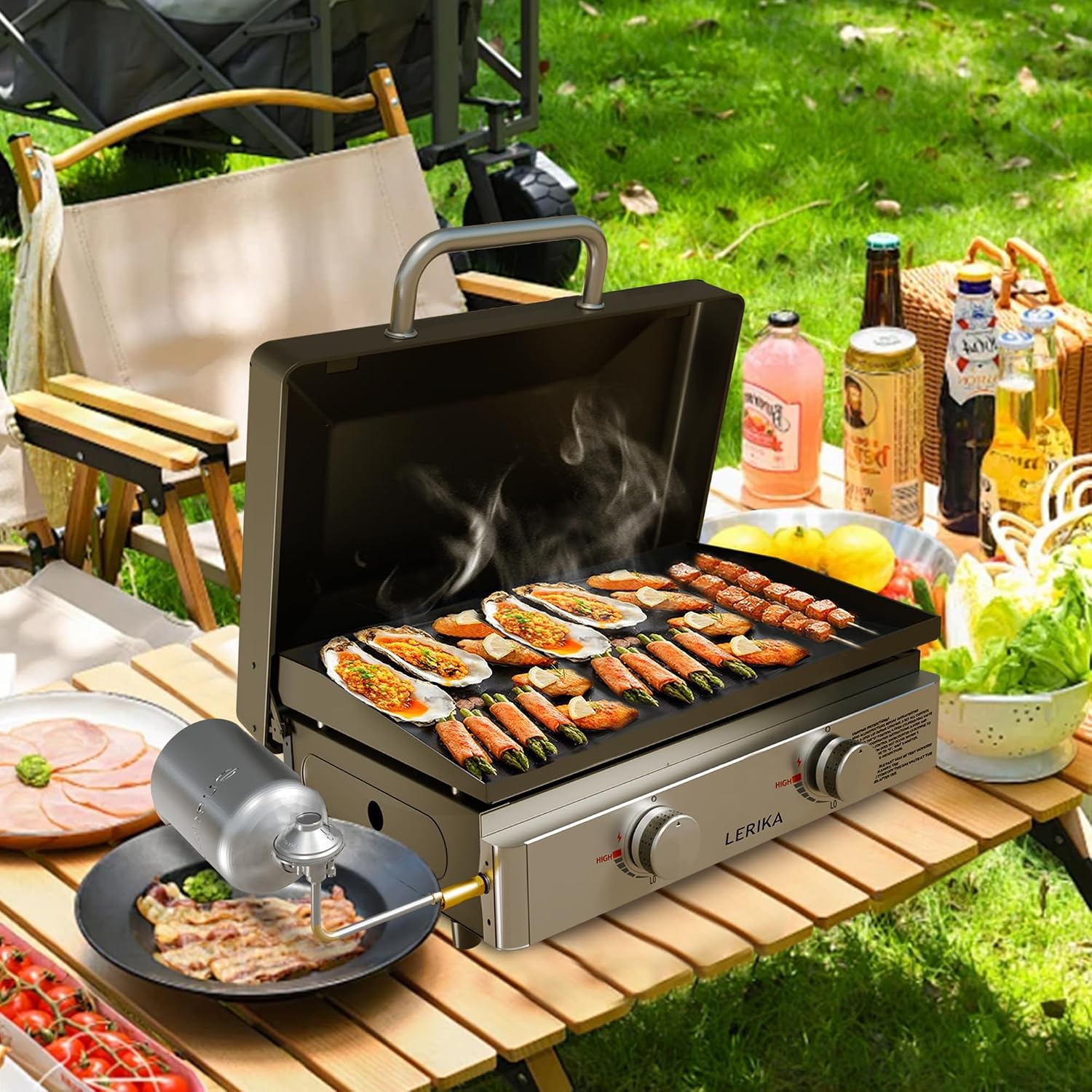 LERIKA 23' Tabletop Propane Gas Grilddle With Lid for Outdoor Kitchen Barbecue Grill, Non Stick Enamel/Durable Stainless Steel/1 Burner Portable Flat Top Grills