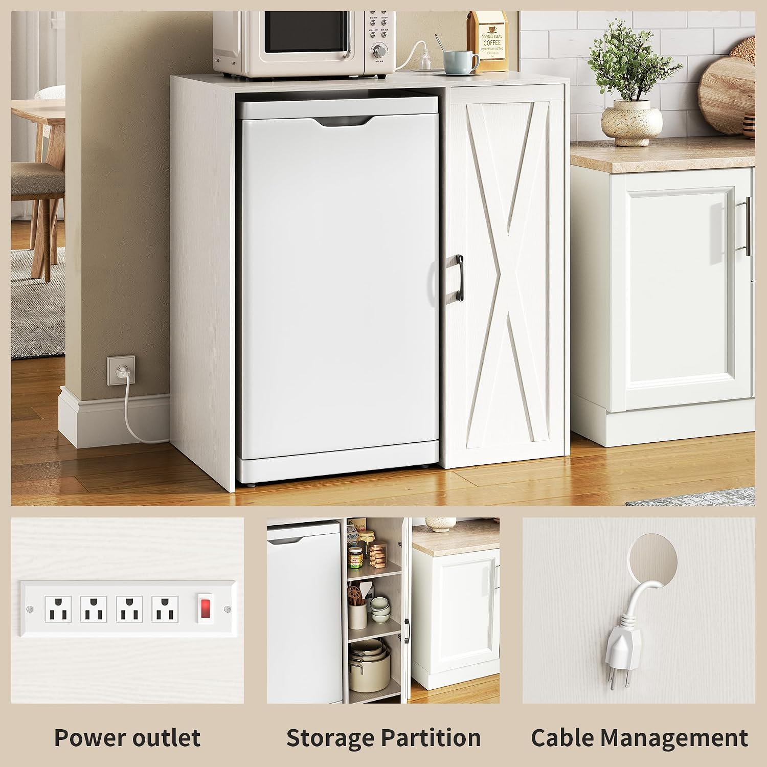 Herture Mini Fridge Cabinet with Storage, Coffee Bar Cabinet with Power Outlet, Fits 24' Wine Fridge, 3-Tier Organizer, Refrigerator Stand for Kitchen, Apartment, or Home Bar White KH01MRW