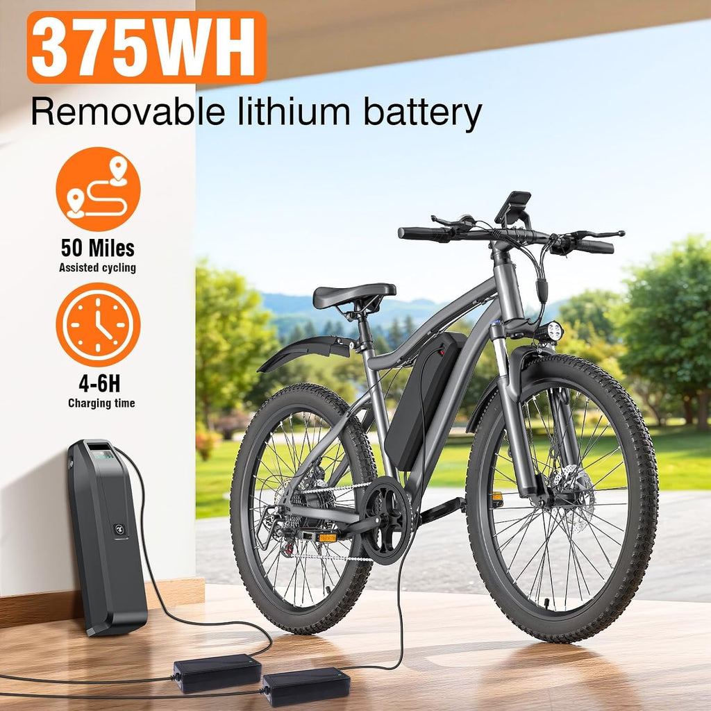 Electric Bike for Adults, 26' Commuter Ebikes with 7-Speed Gears, 25MPH Lightweight E Bike, 720W Peak Motor, 375Wh Removable Battery, 50 Miles Range, Electric Mountain Bicycles for All Terrain (Gray)