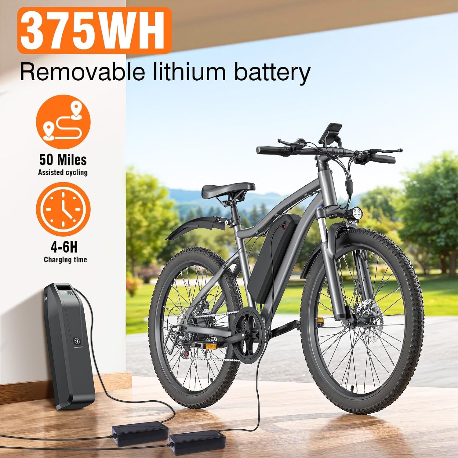 Electric Bike for Adults, 26' Commuter Ebikes with 7-Speed Gears, 25MPH Lightweight E Bike, 720W Peak Motor, 375Wh Removable Battery, 50 Miles Range, Electric Mountain Bicycles for All Terrain (Gray)