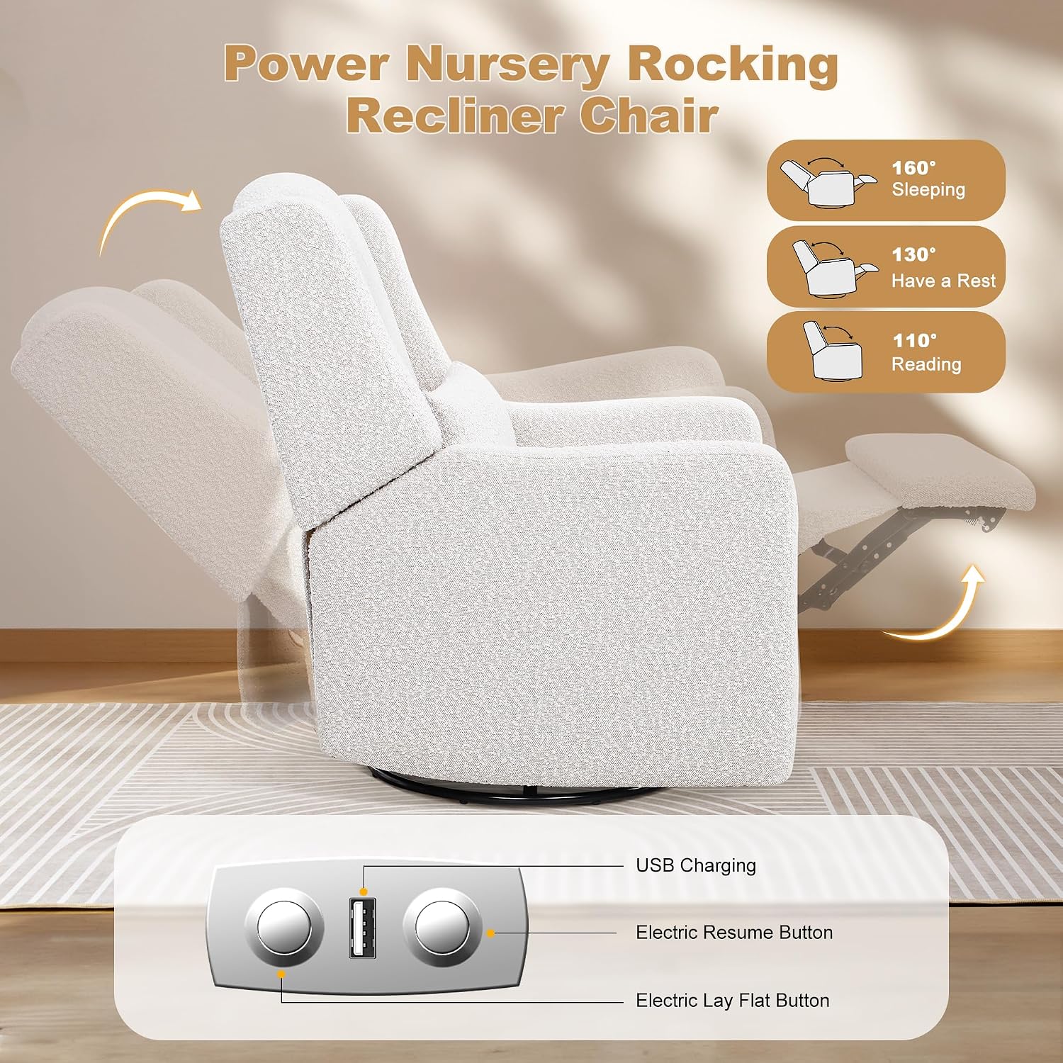 Power Recliner Chair Swivel Gilder Rocking Chairs Skin-Friendly Power Recliner Nursery Chair for Adults with Waist Pillow, USB Charging (Beige, Only Recliner Chair)