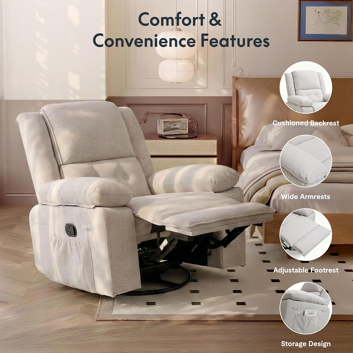 FLEXISPOT Swivel Rocker Recliner Chair for Adults, Massage Recliner Rocking Chair Nursery, 360° Swivel Nursery Glider for Living Room Bedroom, Light Grey(XRC2)