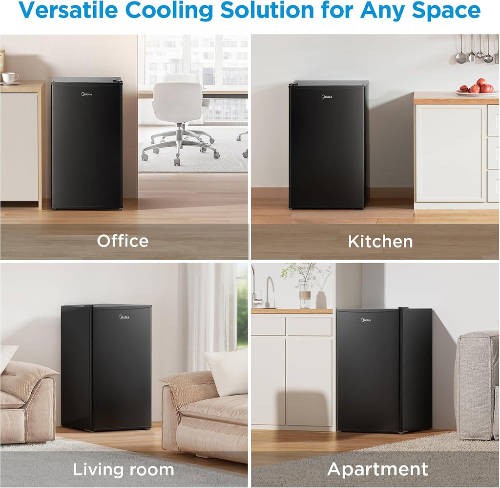 Midea MERM33S1ABB Mini Fridge, 3.3 Cu.ft Compact Fridge with Internal Light, Adjustable Thermostat, Reversible Door, Low Noise for Dorm, Office, Bedroom Black