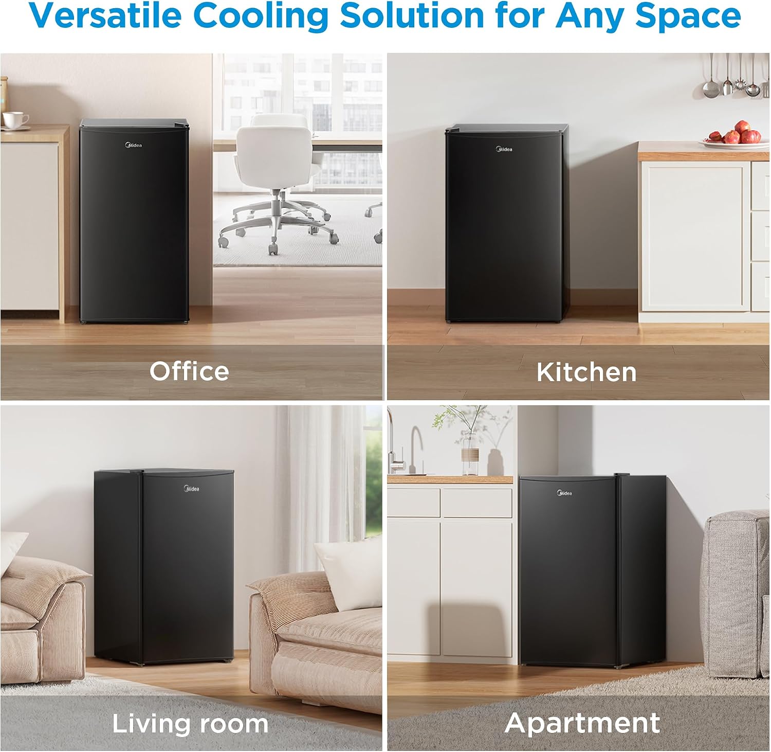 Midea MERM33S1ABB Mini Fridge, 3.3 Cu.ft Compact Fridge with Internal Light, Adjustable Thermostat, Reversible Door, Low Noise for Dorm, Office, Bedroom Black