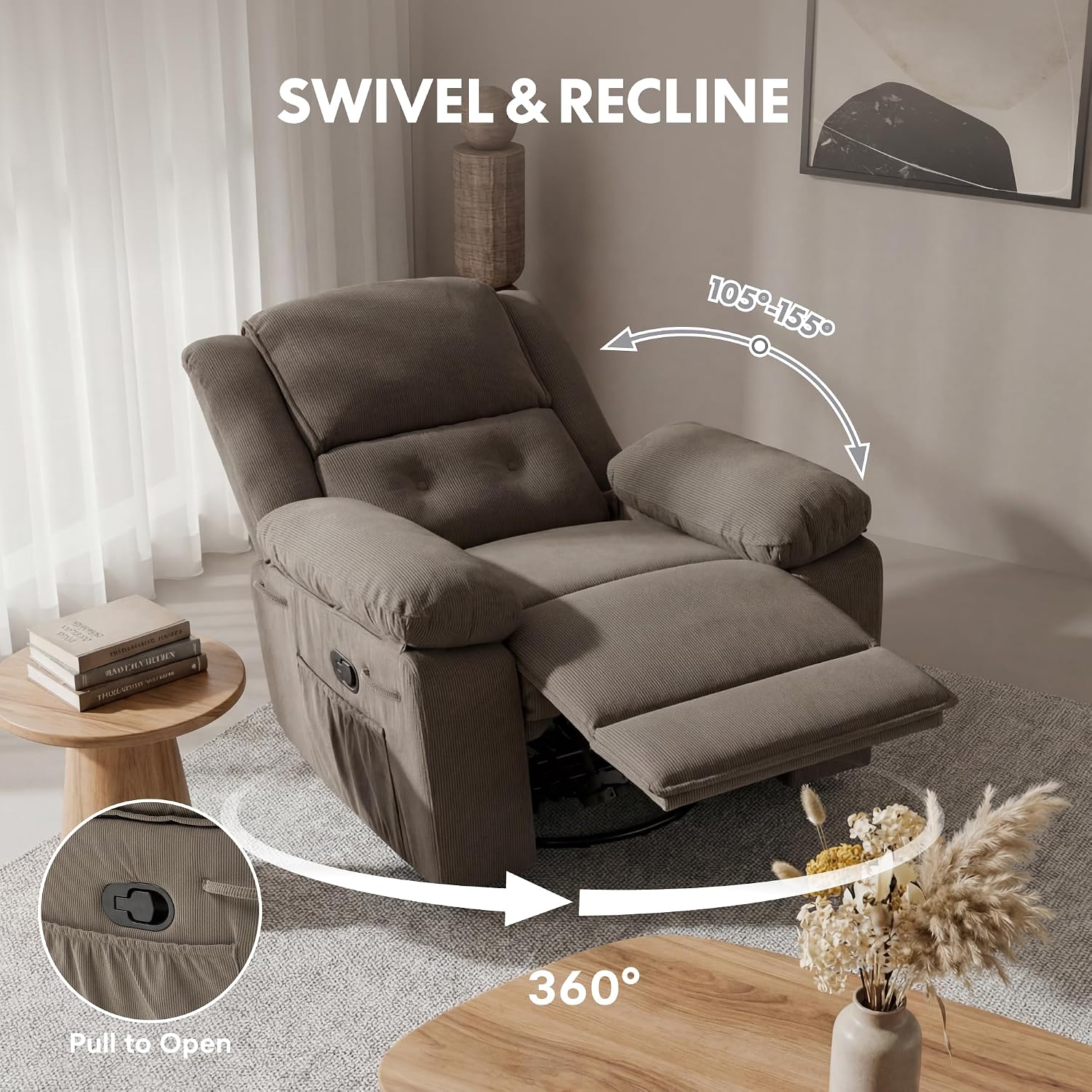 FLEXISPOT XRC2 360° Swivel Rocker Recliner for Adults, Rocking Glider Chair with Massage and Heat, Small Swivel Recliner for Living Room Bedroom Nursery, Grey