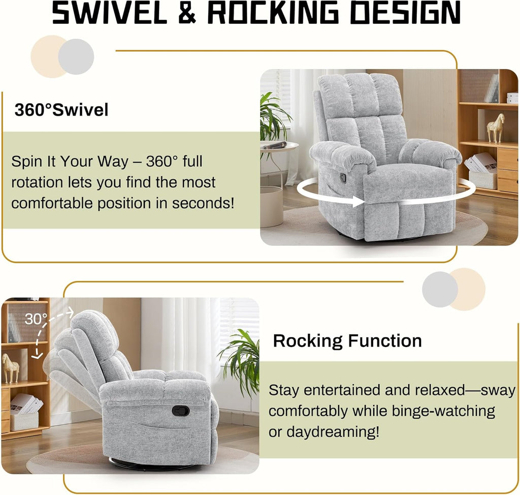 Korser Recliner Chair, Swivel Rocker Recliner Chair for Adults, Small Recliners for Small Spaces, Manual Recliner Chair with Side Pockets, Nursery Rocking Chair for Living Room, Chenille, Silver Grey