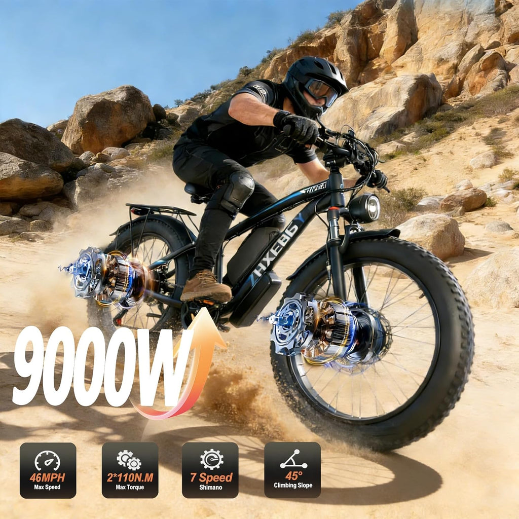 9000W Peak 60V 1560Wh Battery High-Power Dual Motor Ebike, 46MPH 90-100 Miles Long Range, Fat Tire Electric Bike for Adults Men with Hydraulic Disc Brake Electric Bicycle for Off-Road (Black)