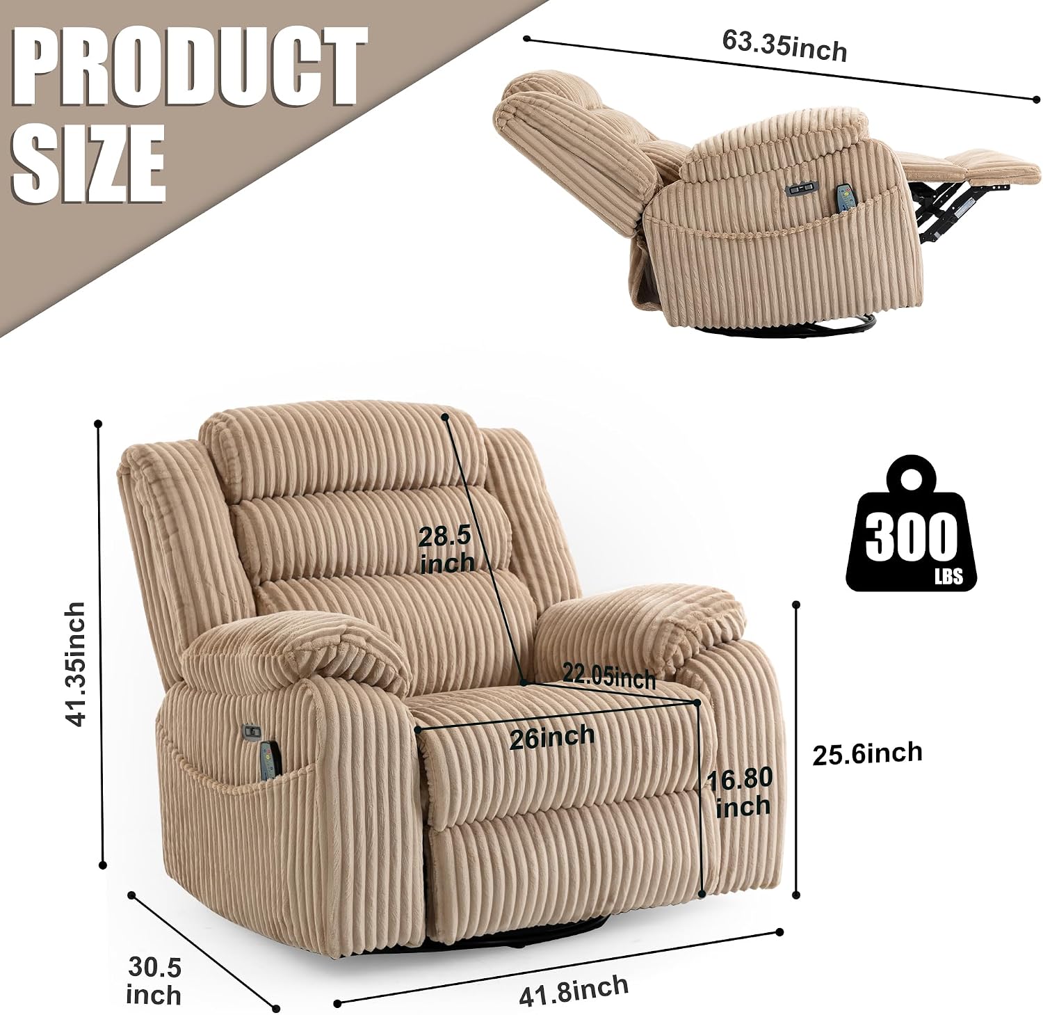 SINCRUMI Power Swivel Rocker Recliner Chair for Adults with Vibration and Heat, USB and Type-C Charging Port, Infinite Position, Electric Glider Rocking Chairs for Living Room, Nursery, Light Camel