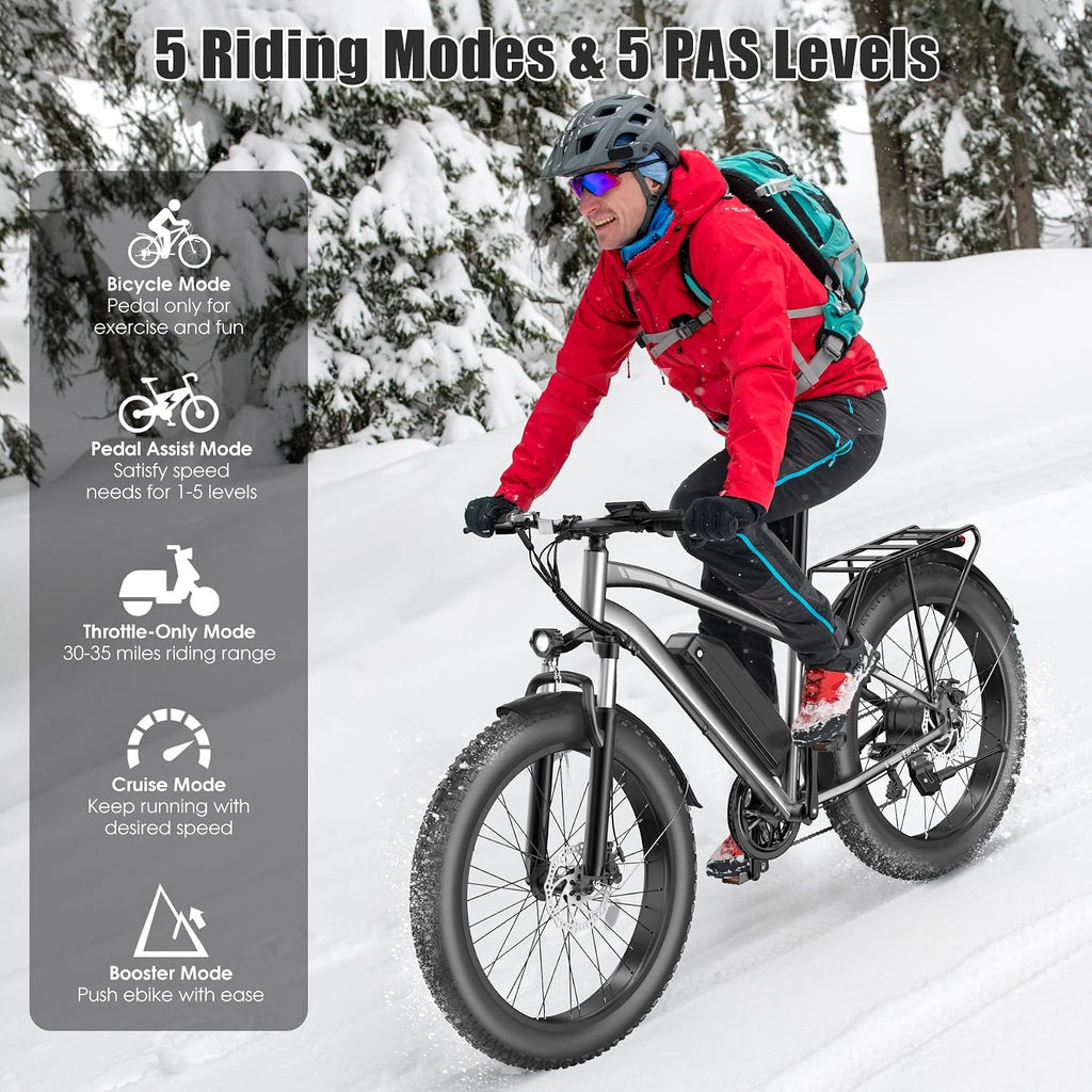Electric Bike for Adults, 1000W Peak 20MPH 60Miles Ebike,48V 13AH Battery Electric Mountain Bike, 26' x 4'' Fat Tire Electric Bicycle with Rear Rack, Fenders, 7 Speed, UL 2849 Certified