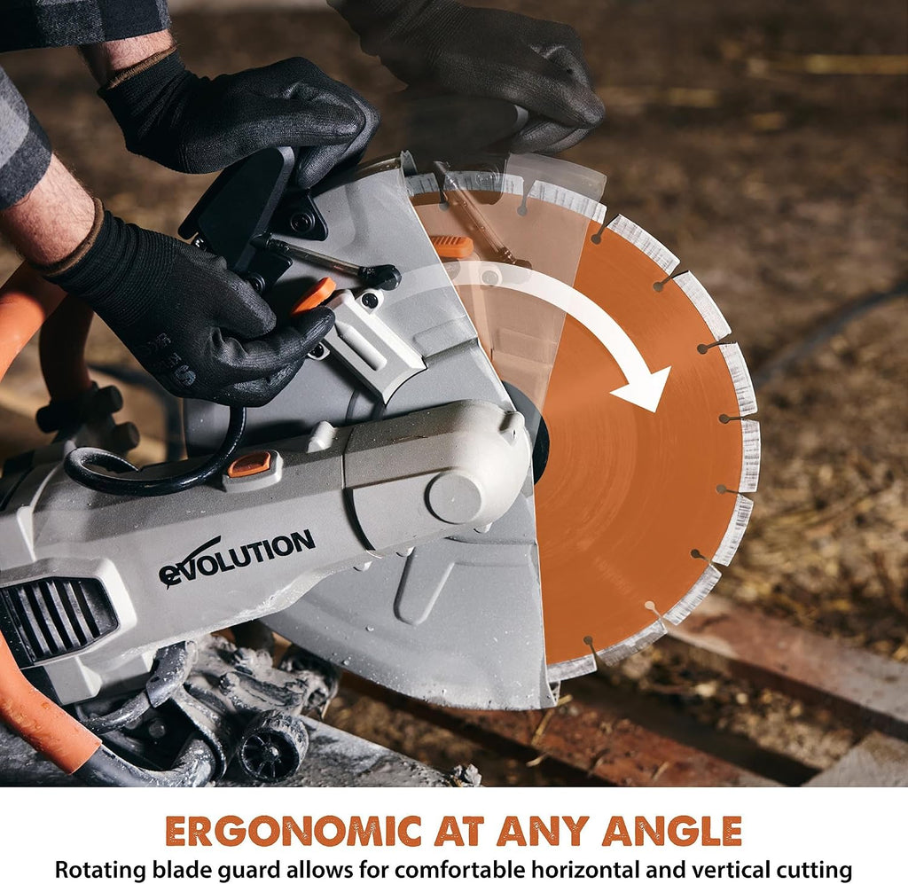 Evolution R14DCT 14' Electric Concrete Saw | High-Torque 20A Motor | 5-1/8' Cut Depth | Auto ON/OFF Dust Suppression | No Gas, Low Maintenance | 14' Diamond Blade | Heavy-Duty | 20A Plug