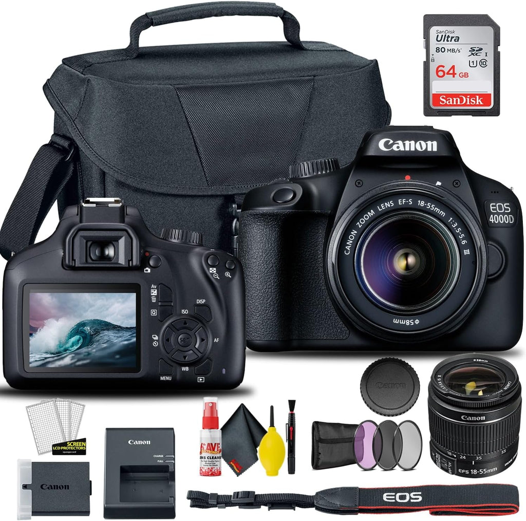 Canon EOS 4000D / Rebel T100 DSLR Camera with 18-55mm Lens + Creative Filter Set, EOS Camera Bag + Sandisk Ultra 64GB Card + 6AVE Electronics Cleaning Set, and More (International Model)