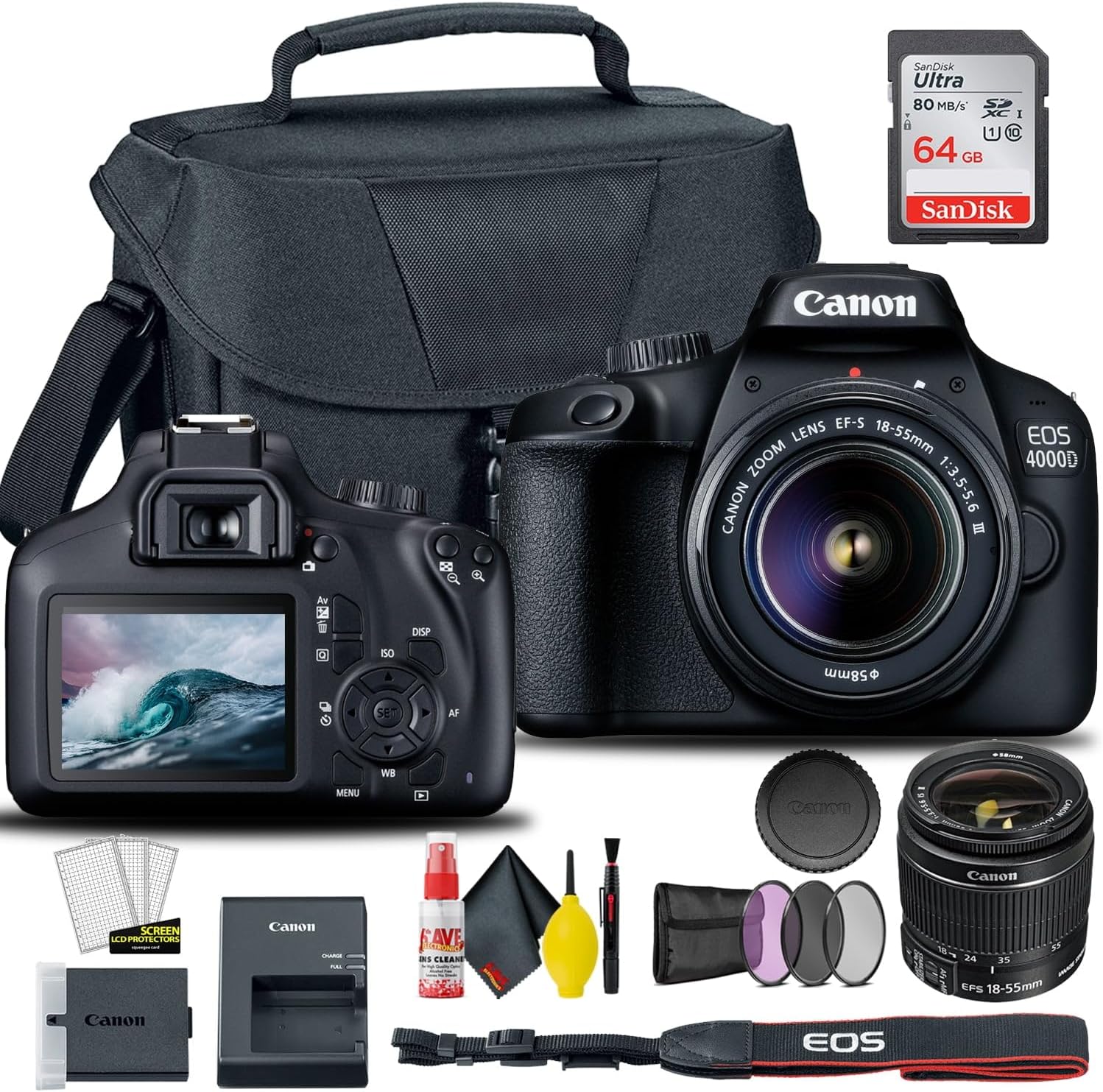 Canon EOS 4000D / Rebel T100 DSLR Camera with 18-55mm Lens + Creative Filter Set, EOS Camera Bag + Sandisk Ultra 64GB Card + 6AVE Electronics Cleaning Set, and More (International Model)