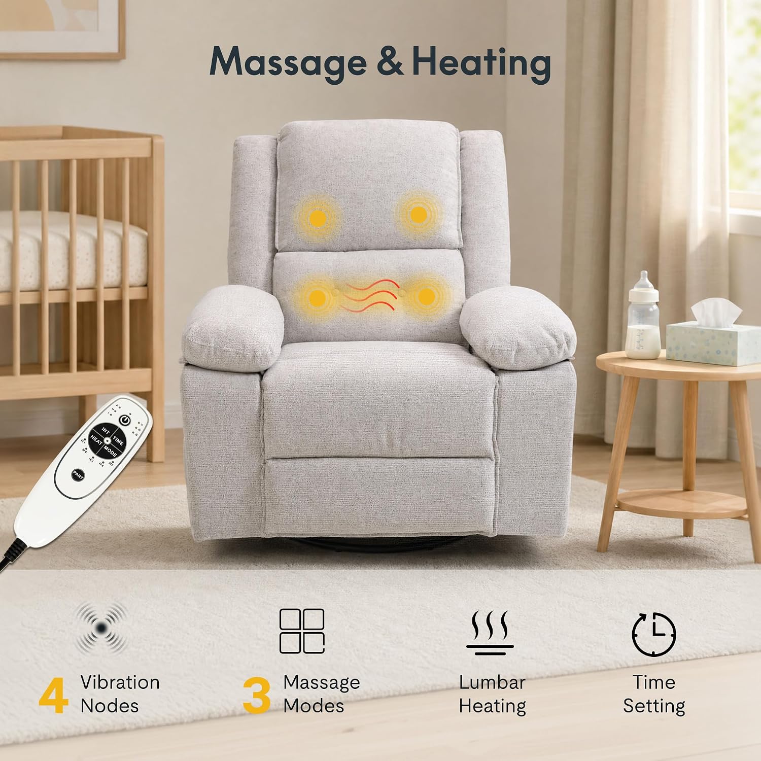FLEXISPOT Swivel Rocker Recliner Chair for Adults, Massage Recliner Rocking Chair Nursery, 360° Swivel Nursery Glider for Living Room Bedroom, Light Grey(XRC2)