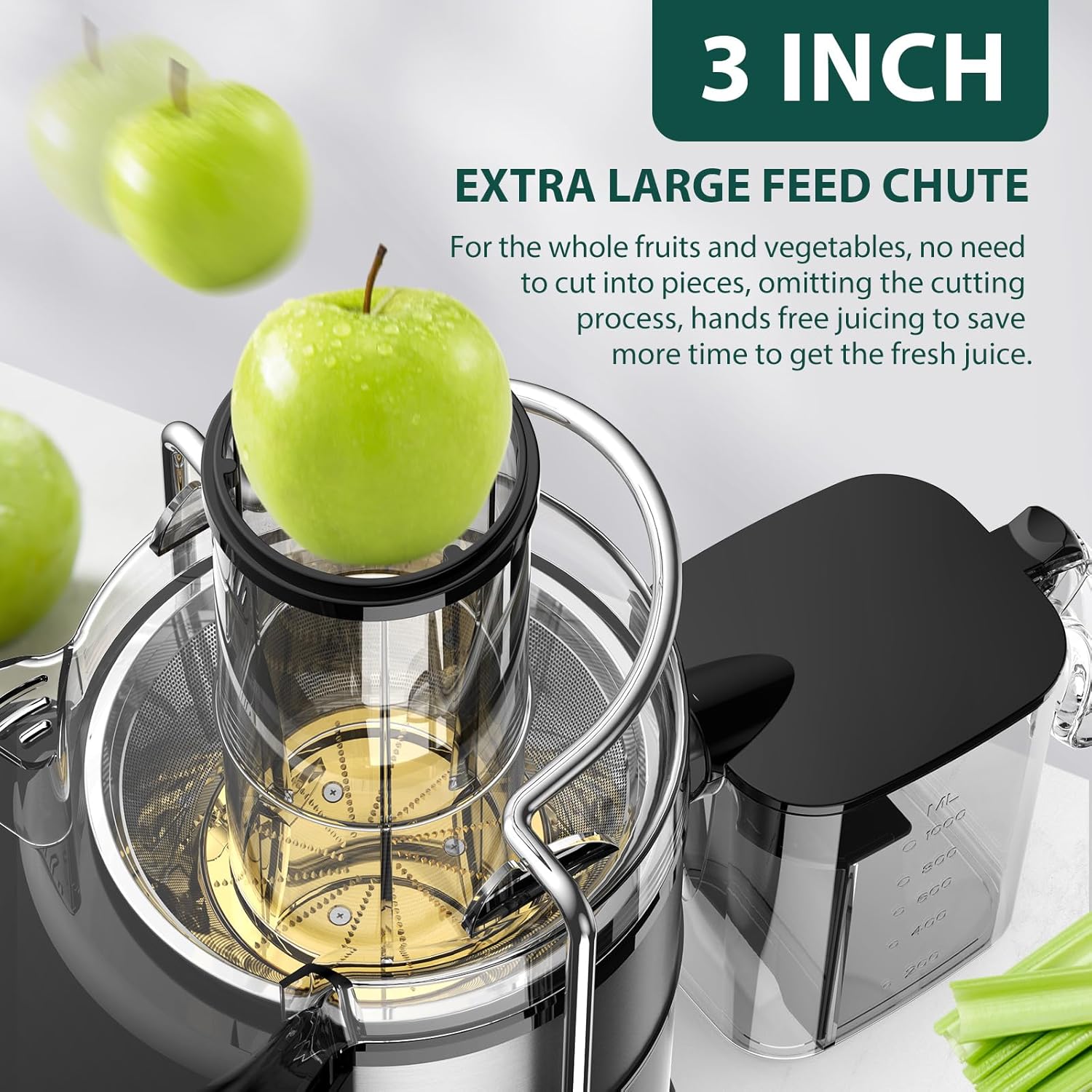 KOIOS 1300W Centrifugal Juicer Machines, High Juice Yield Juice Extractor with 3 inch Wide Feed Chute, Full Copper Motor & Titanium-Plated Filter, Easy Clean, 3 Speeds, BPA Free, Stainless Steel