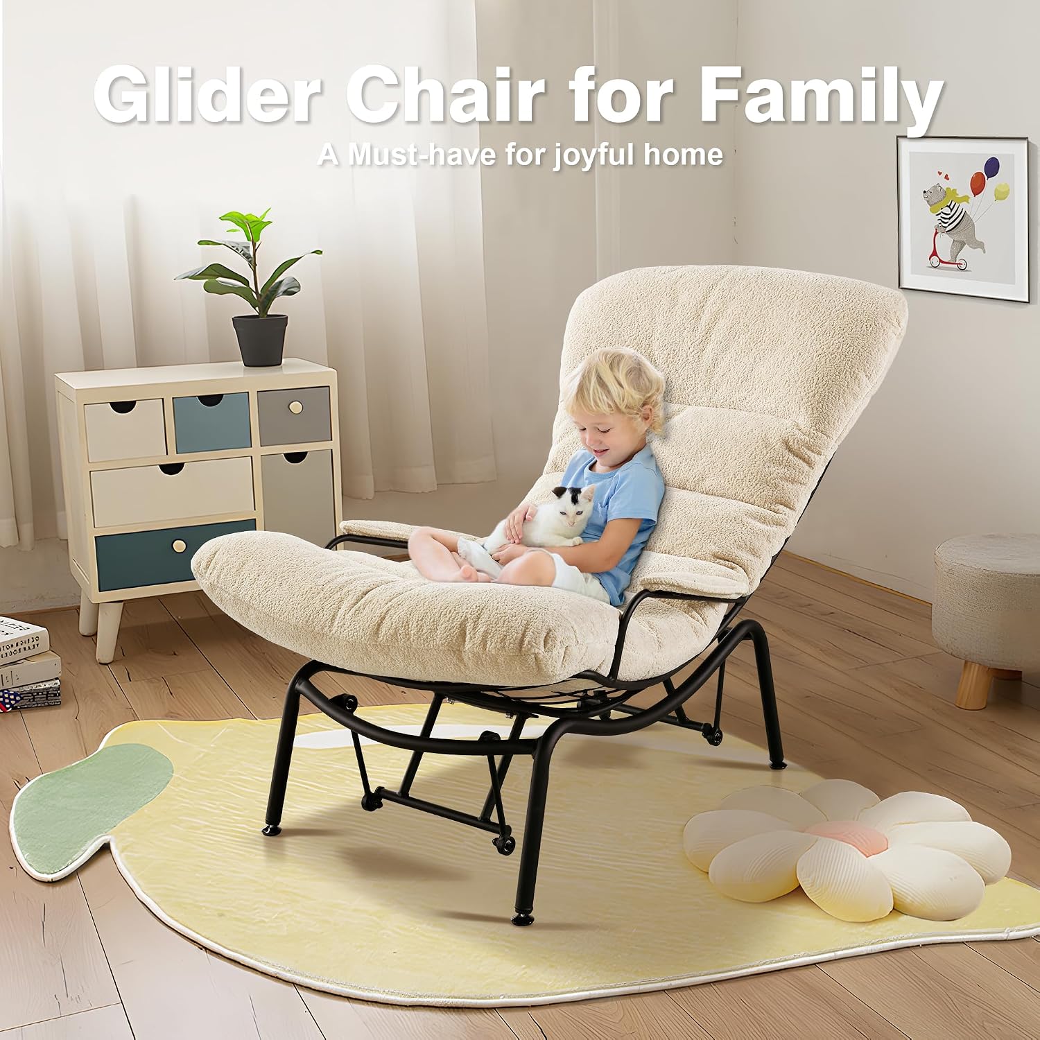 ovios Glider Rocking Chair with Ottoman, Mid-Century Modern Recliner Chair with Footrest, Comfy Gliding Rocker Lazy Accent Armchair for Living Room Bedroom, Cloud Plush Velvet, Beige