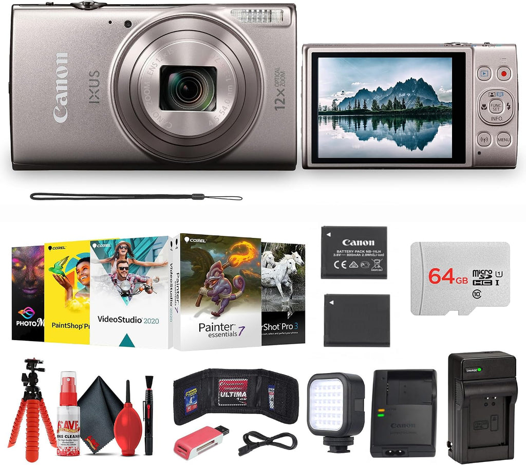Canon PowerShot IXUS 285 HS A 12X Optical Zoom Digital Camera (Silver) + NB11L Battery + 64GB Memory Card + Photo Software + Case + Charger + LED Light + Card Reader + More