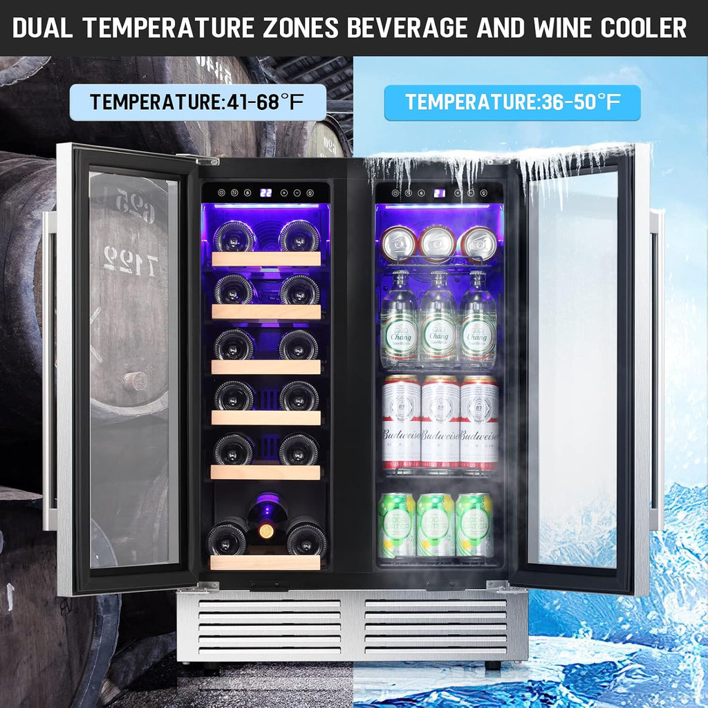 Antarctic Star Wine and Beverage Refrigerator, 24 Inch Dual Zone Wine Cooler with Glass Door, Built in or Under Counter Wine Fridge with Blue LED Light,18 Bottles and 66 Cans Capacity Beverage Cooler