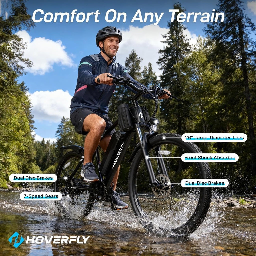Hoverfly OUREA 26' Electric Bike for Adults, 750W Peak Motor Mountain Ebike, Max 20MPH, Up to 40 Miles, UL2849 Certified, 7-Speed, Removable Battery, Shock Absorber, Fat Tire Commuter E-Bike