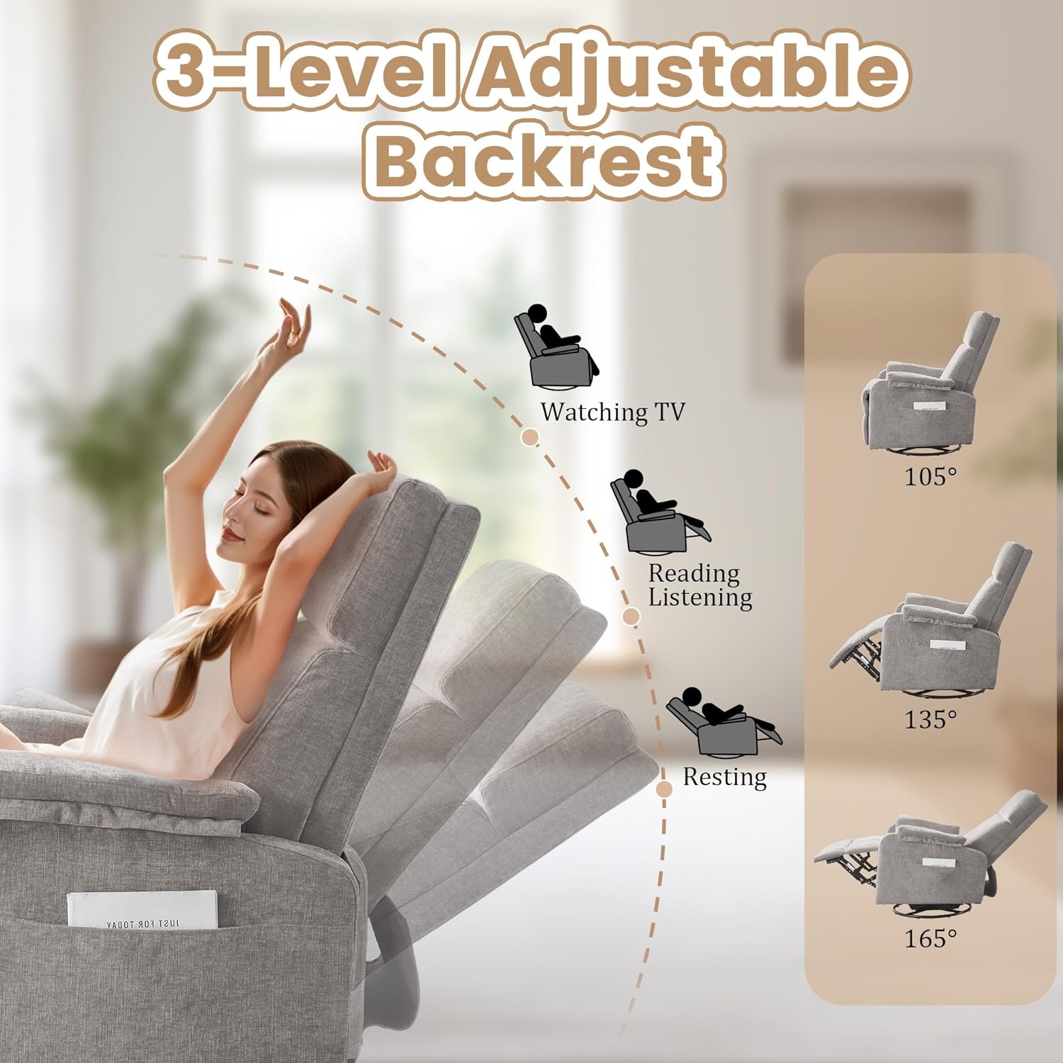 Korser Recliner Chair, Swivel Rocking Recliner Chair for Adults, Glider Rocking Chair, Small Nursery Chair Recliner for Living Room, Reclining Chair with Modern-Designed Armrests, Chenille, Grey
