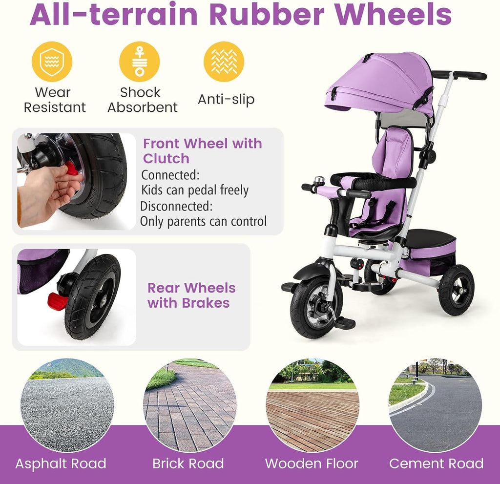 HONEY JOY Tricycle, 5-in-1 Folding Baby Trike Stroller w/Adjustable Handle & Canopy, Reversible Seat, Safety Belt, Folding Pedal, Bell, Storage, Push Tricycle for Toddlers 1-5 Years Old (Purple)