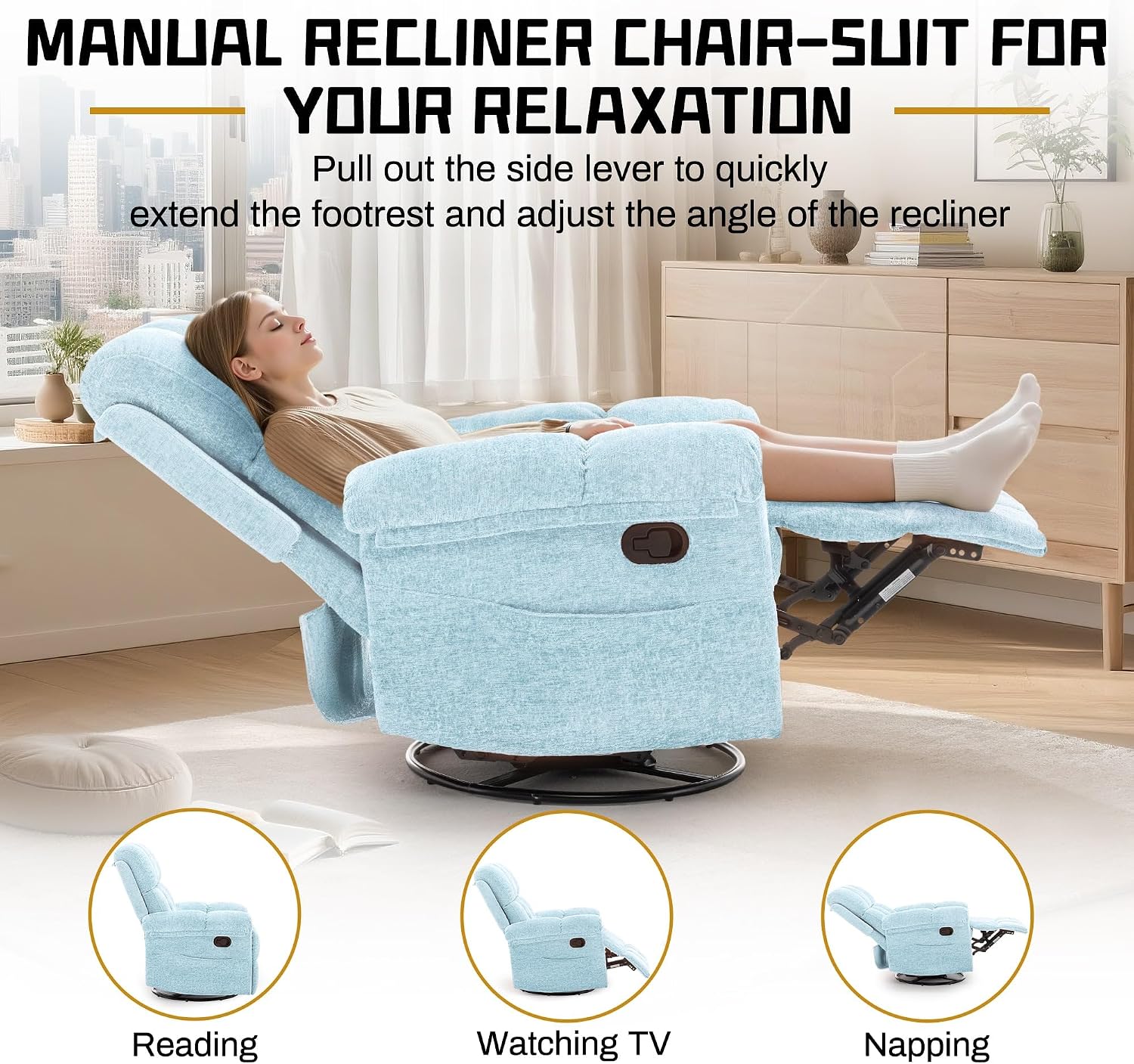 Korser Recliner Chair, Swivel Rocker Recliner Chair for Adults, Small Recliners for Small Spaces, Manual Recliner with Side Pockets, Upholstered Nursery Rocking Chair for Living Room, Chenille, Blue