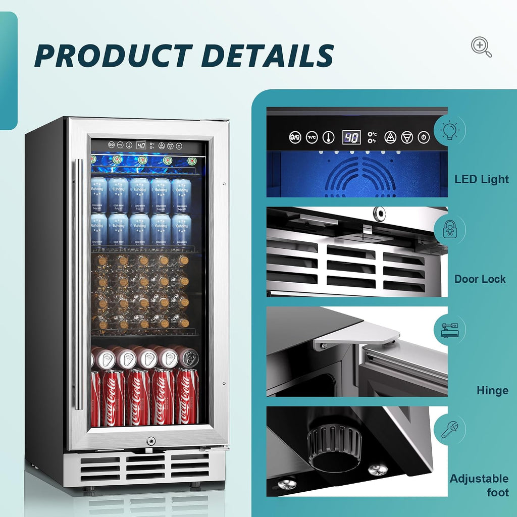EUHOMY 15 Inch Beverage Refrigerator Cooler Under Counter 127 Cans Beverage Fridge Built-in or Freestanding with Glass Door, LED Light, Beer Fridge for Soda, Water, Wine - Home Kitchen Bar.