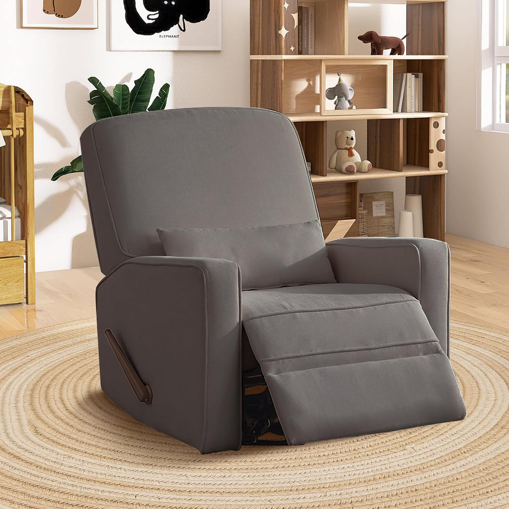Tbfit Nursery Rocking Chair,360°Swivel Recliner Chair with Lumbar Support for Bedroom, Comfy Upholstered Armchair with Pillows & Footrest for Living Room & Baby Room