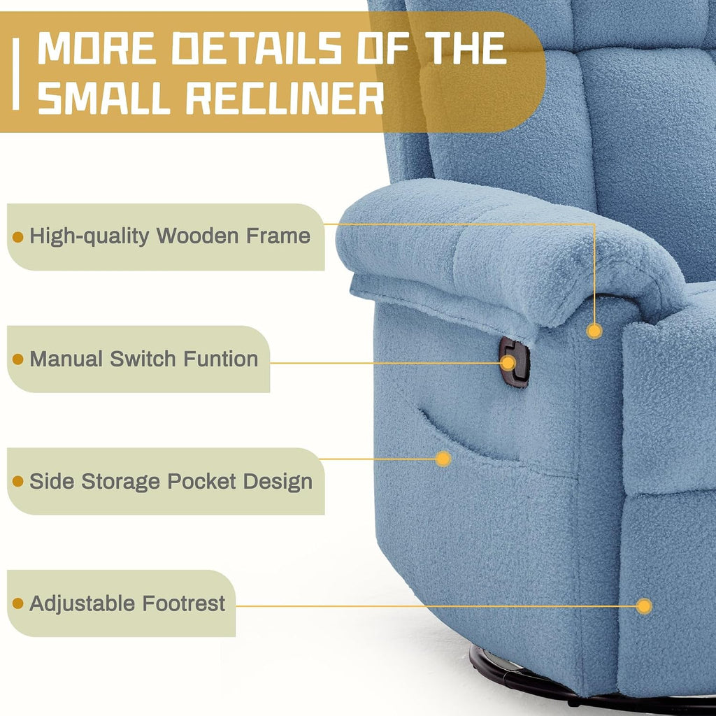 Korser Recliner Chair, Swivel Rocker Recliner Chair for Adults, Small Recliners for Small Spaces, Manual Recliner with Side Pockets, Upholstered Nursery Rocking Chair for Living Room, Sherpa, Blue