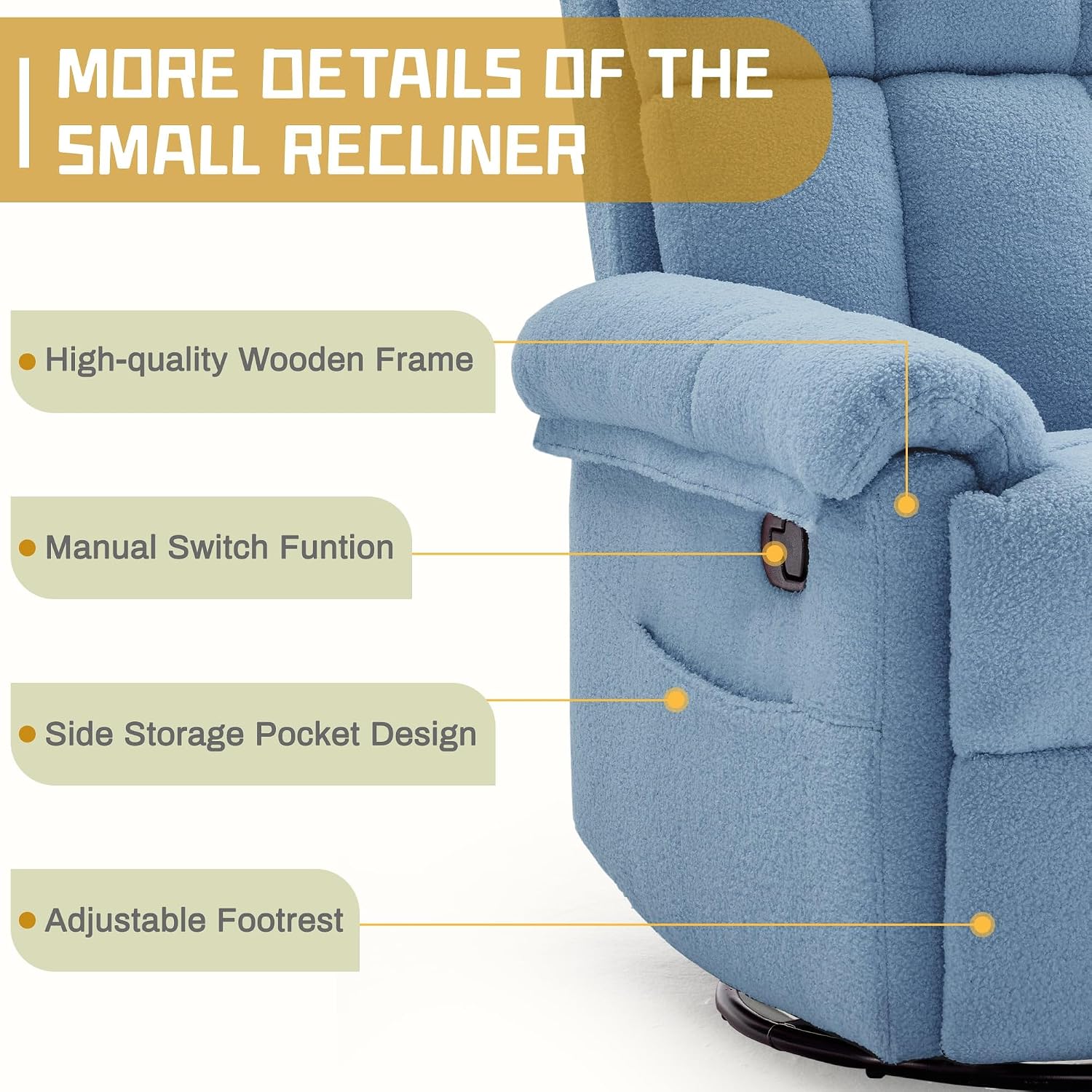 Korser Recliner Chair, Swivel Rocker Recliner Chair for Adults, Small Recliners for Small Spaces, Manual Recliner with Side Pockets, Upholstered Nursery Rocking Chair for Living Room, Sherpa, Blue