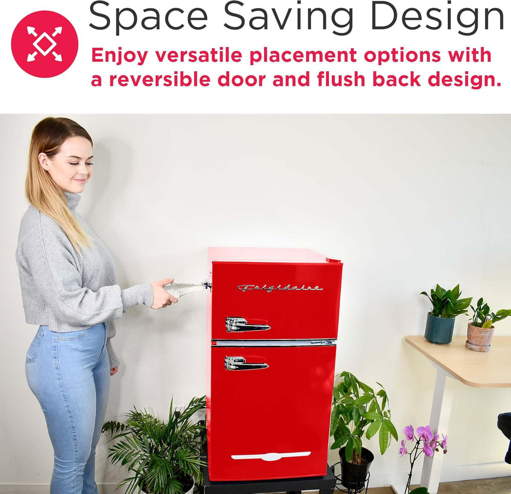 Frigidaire Retro Compact Fridge Freezer Combo, 3.1 cu. ft. Capacity, Small Top Freezer Refrigerator, Mini Fridge with Built-in Bottle Opener – 19''D x 20.5' W x 33.5' H (Red)