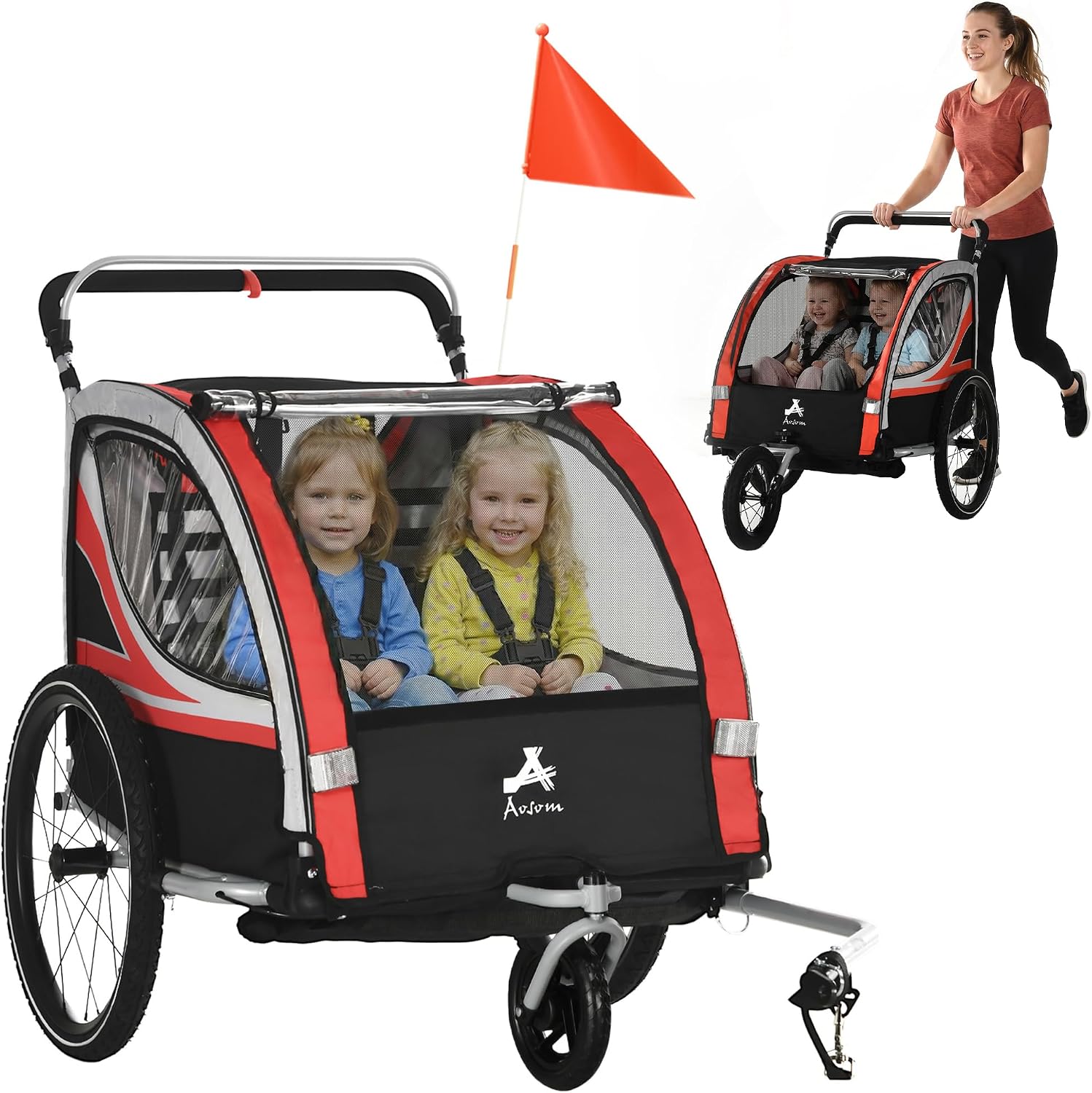 Aosom 3-in-1 Walk/Jog/Ride Child Baby Bike Trailer for Kids 2 Seater, High-Visibility Bike Stroller for Toddler Wagon, Weather-Strong Double Bicycle Trailer Accessory