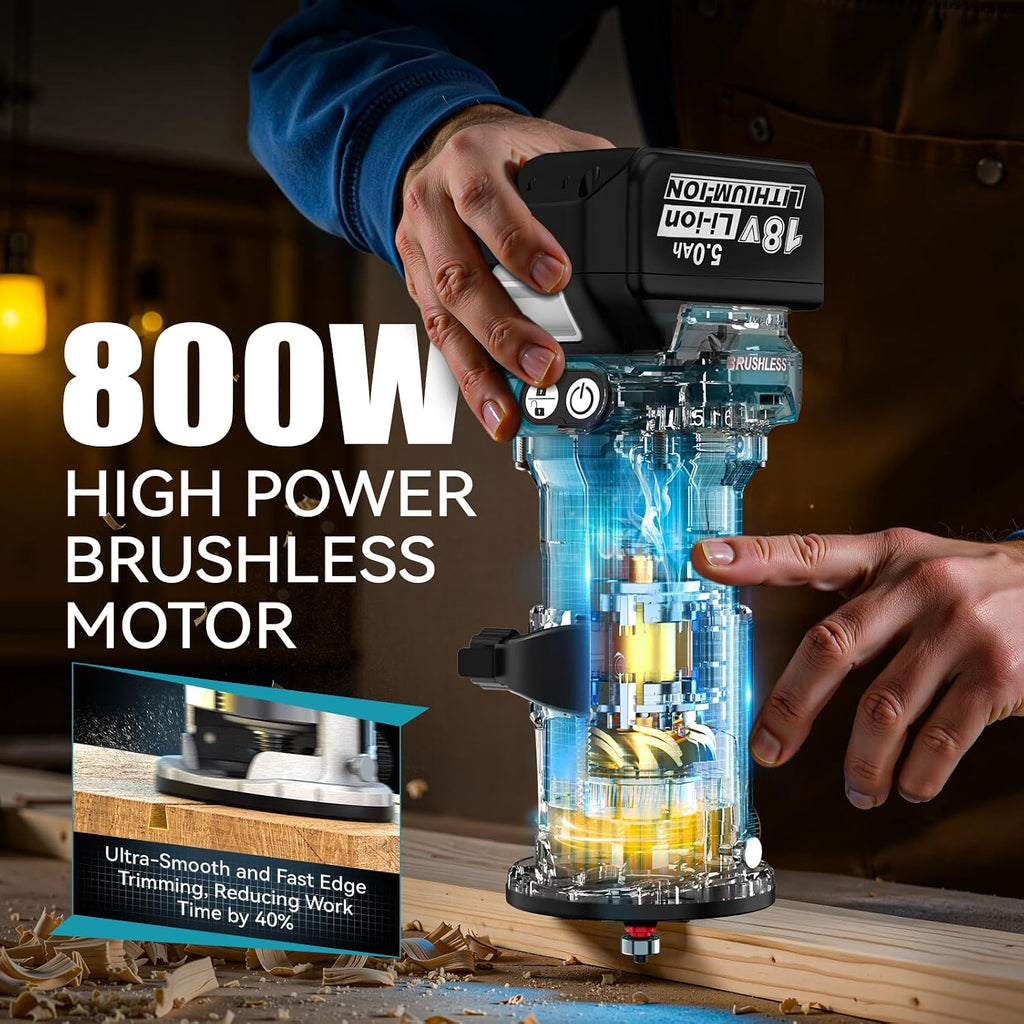 MtiolHig Cordless Compact Router Compatible with Makita 18V Battery, With 1 x 5.0Ah Rechargeable Battery, 6 Pcs Router Bits for Woodworking, 6 Variable Speeds Router With Trim Bits