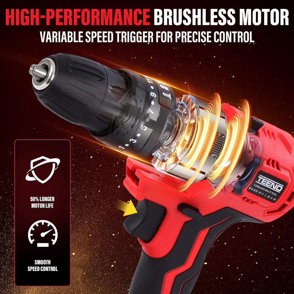 TEENO Brushless Power Tool Combo Kit, 6-in-1 Cordless Interchangeable Multi-Tool Set (Drill, Impact Wrench, Oscillating Tool, Reciprocating & Chain Saws, Sander), 3Ah Battery, USB Adapter & Hard Case