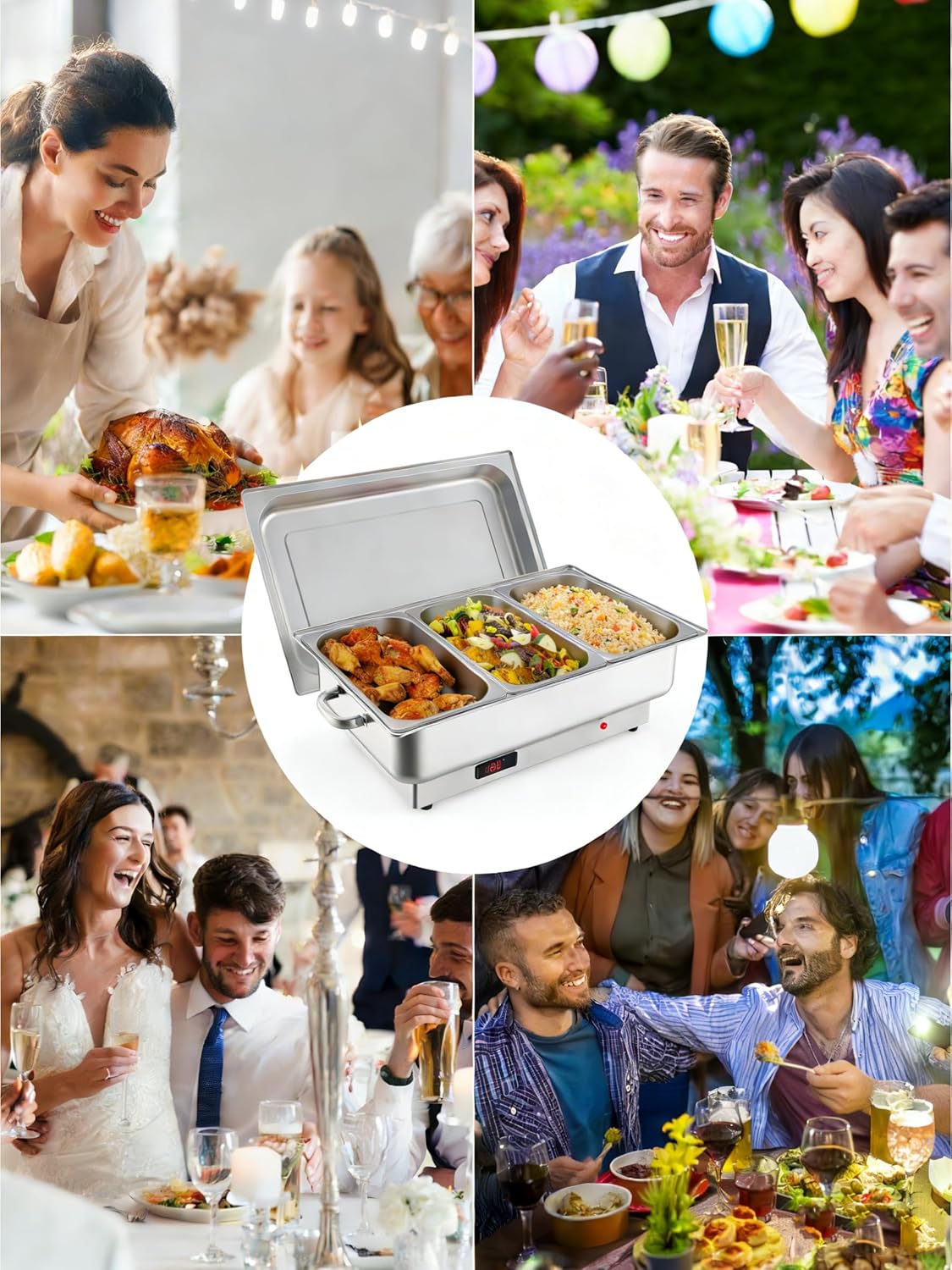 GarveeHome Electric Chafing Dish Buffet Set,3 x 3 QT Stainless Steel Food Warmers, 600W Digital Display Temperature Control Serving Trays for Parties Catering Weddings, Sections Dishwasher Safe