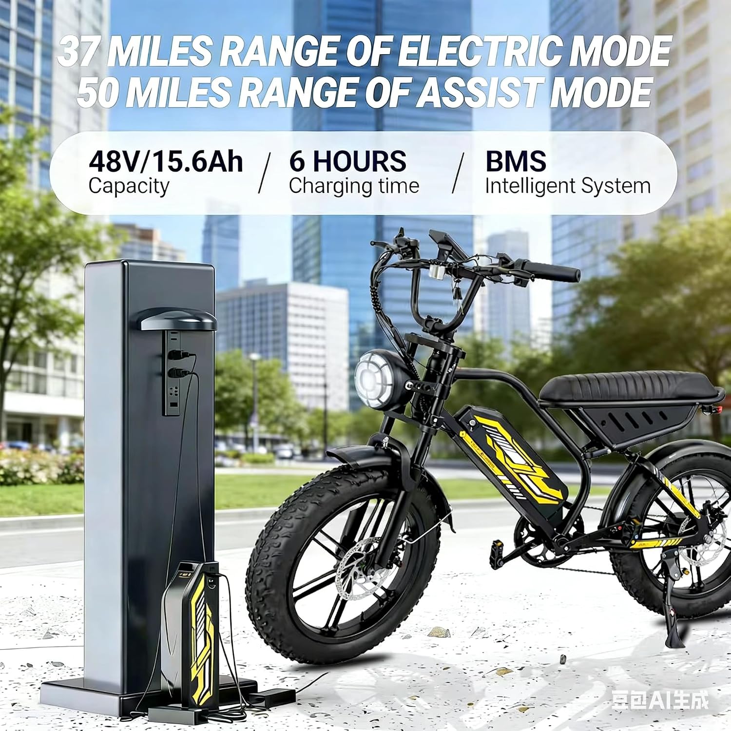 Moped Style Electric Bike for Adults-20 x 4.0 Fat Tire Ebike, Peak 1000W Motor, NFC & Password Unlock, Long Seat, 48V 18.2Ah Battery, Up to 28 MPH, UL 2849 Certified