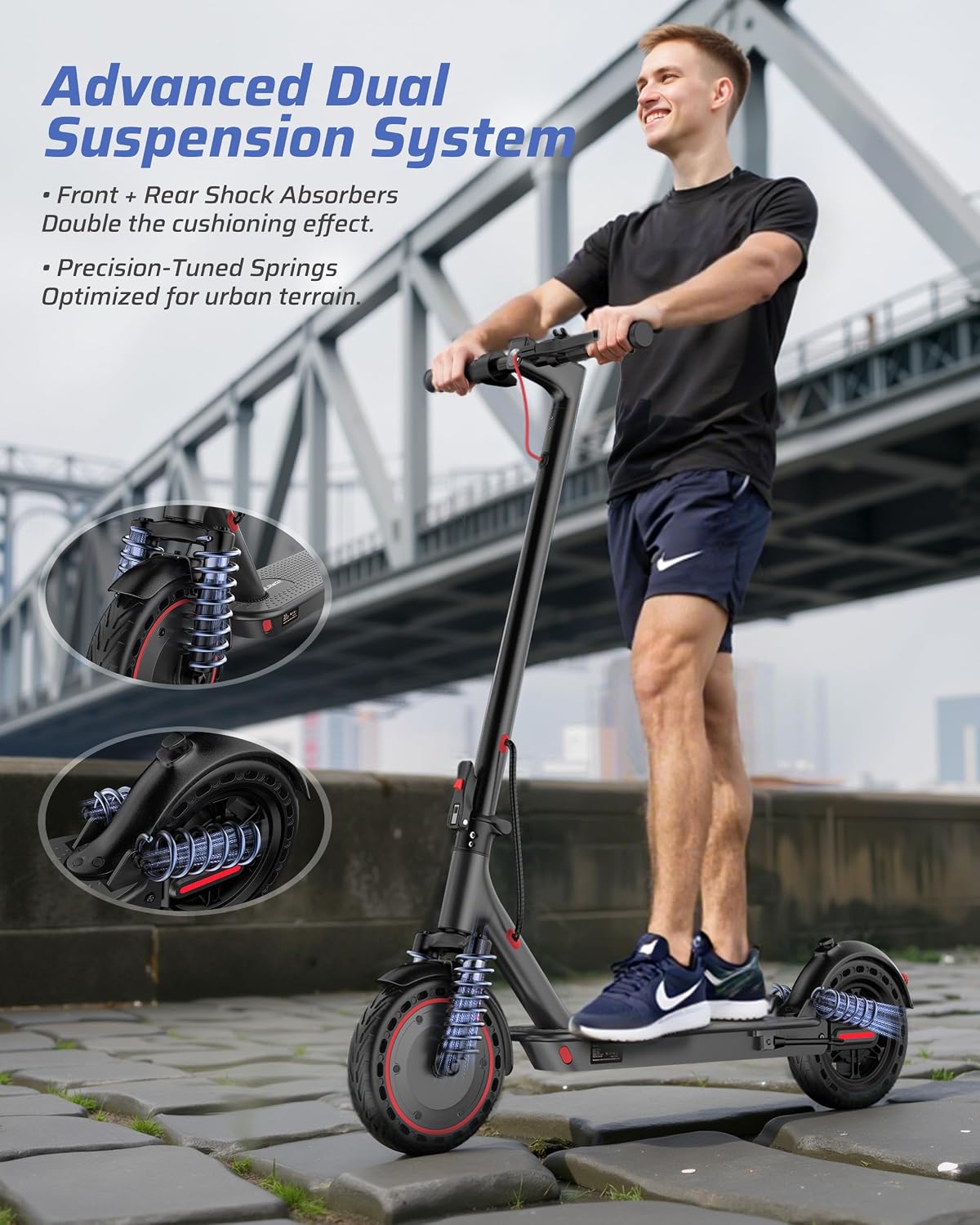 Qlaway Electric Scooter for Adults, 350W/500W Motor, 16-22 Miles Range, 8.5'/10' Solid Tires, Dual Braking & Suspension, Folding Portable Commuting E-Scooter with App