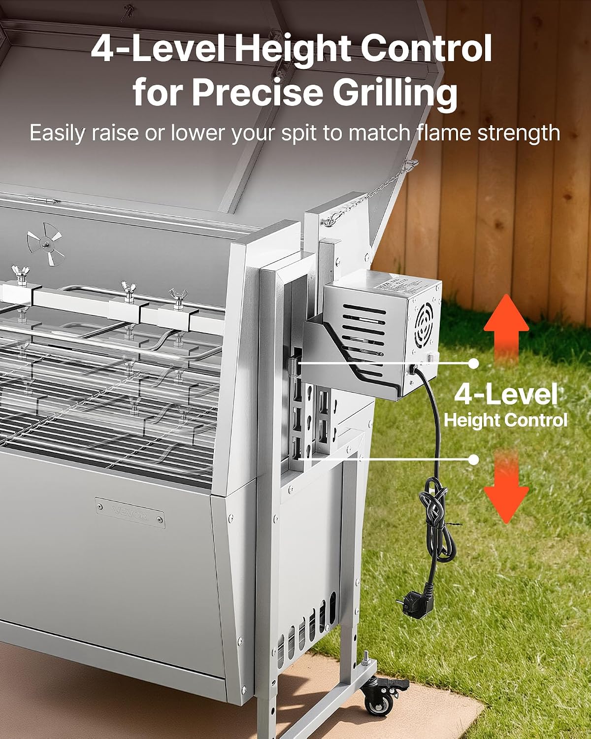 VEVOR Rotisserie Grill, 52in BBQ Outdoor Pig & Lamb Spit Roaster, Charcoal Spit Roaster with 132 LBS Capacity, Wheels, 4-Level Height, Stainless Steel Electric Rotisserie Grill Kit for Camping Outdoor