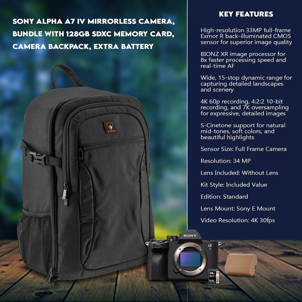 Sony Alpha a7 IV Full Frame Mirrorless Interchangeable Lens Digital 4K Camera, Black - Bundle with 256GB SD Memory Card, Camera Backpack, Sony 1 Year Limited Warranty