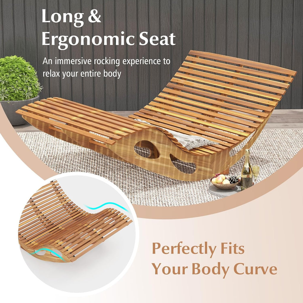Giantex Extra-Large Dual Outdoor Rocking Chair, 2 Pack Acacia Wood Patio Lounge Chair with Ergonomic Curved & Slatted Seat, Bottom Stopper, 63'x47'x26' Lounger, 2-Person Loveseat, Rocker for Porch