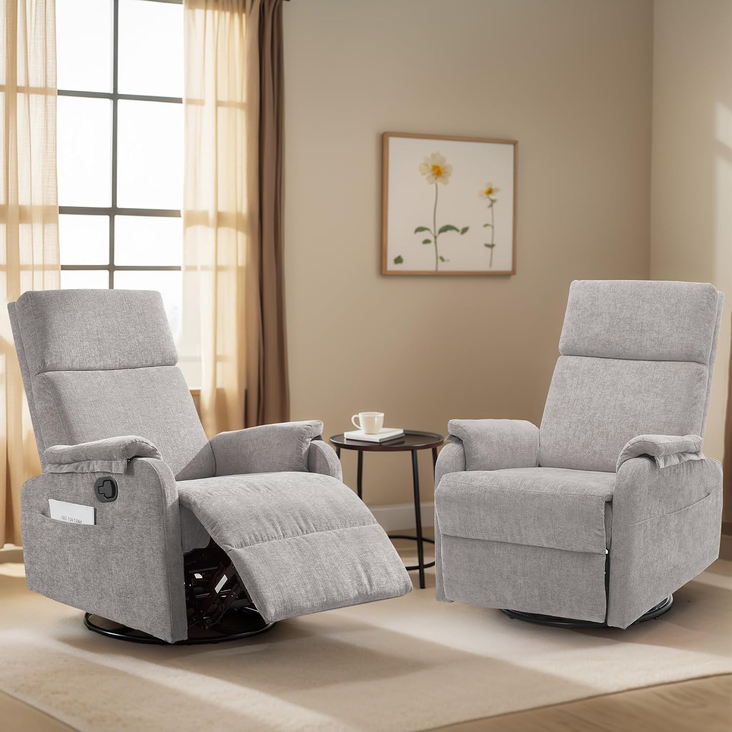 Korser Swivel Rocking Recliner with Massage, Small Glider Chair for Nursery, Modern-Designed Armrests Chair for Adults Living Room, Chenille, Grey