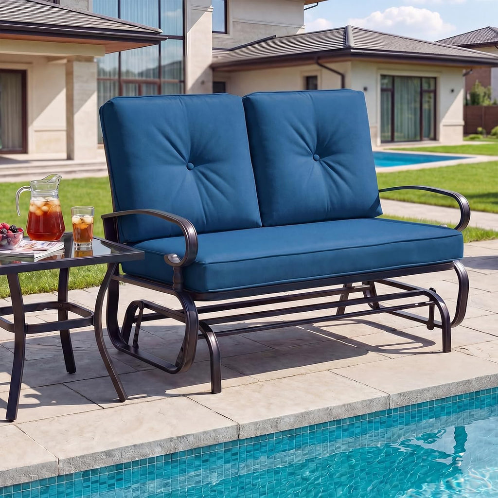 Giantex Outdoor Glider Bench, Patio 2 Person Loveseat with Removable Cushion, Thick Padded Seat, Stable Steel Frame, Outside Glider Swing Chair for Deck, Poolside, Yard, Porch Glider (Blue)