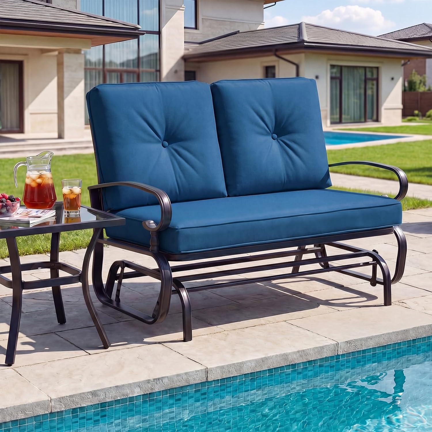 Giantex Outdoor Glider Bench, Patio 2 Person Loveseat with Removable Cushion, Thick Padded Seat, Stable Steel Frame, Outside Glider Swing Chair for Deck, Poolside, Yard, Porch Glider (Blue)