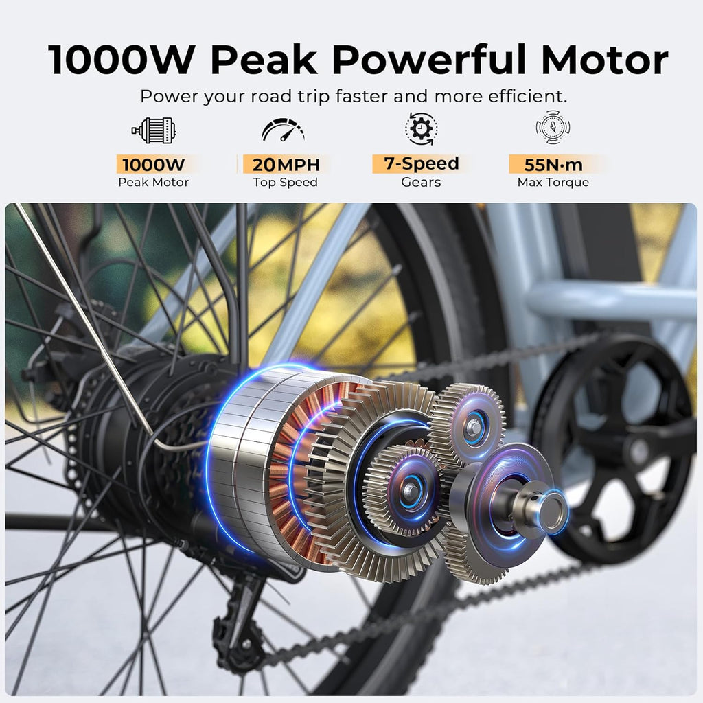 Electric Bike for Adults, Peak 1000W Ebike, 50Miles 20MPH UL 2849 Certified Commuter Bike, 26'' City Cruiser Bicycle with 48V Removable Battery, Rear Rack, Adjustable Stem, 7 Speed